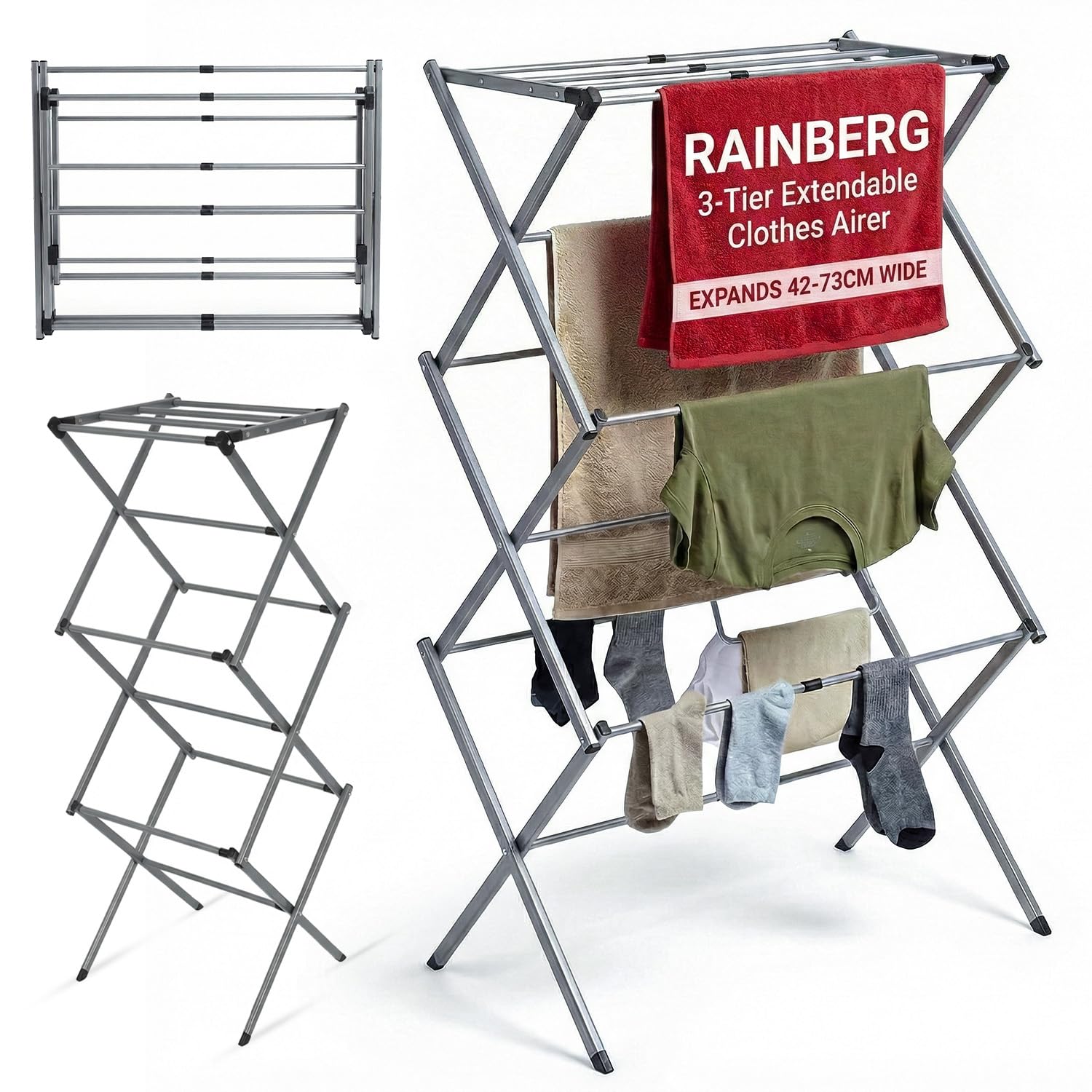 Rainberg 3-Tier Extendable Clothes Airer Indoor Outdoor – Slimline Drying Rack, Space Saving Washing Line, Rust-Resistant, Non-Slip Feet, Heavy-Duty Design, Foldable Laundry Airer Expands 42-73cm Wide