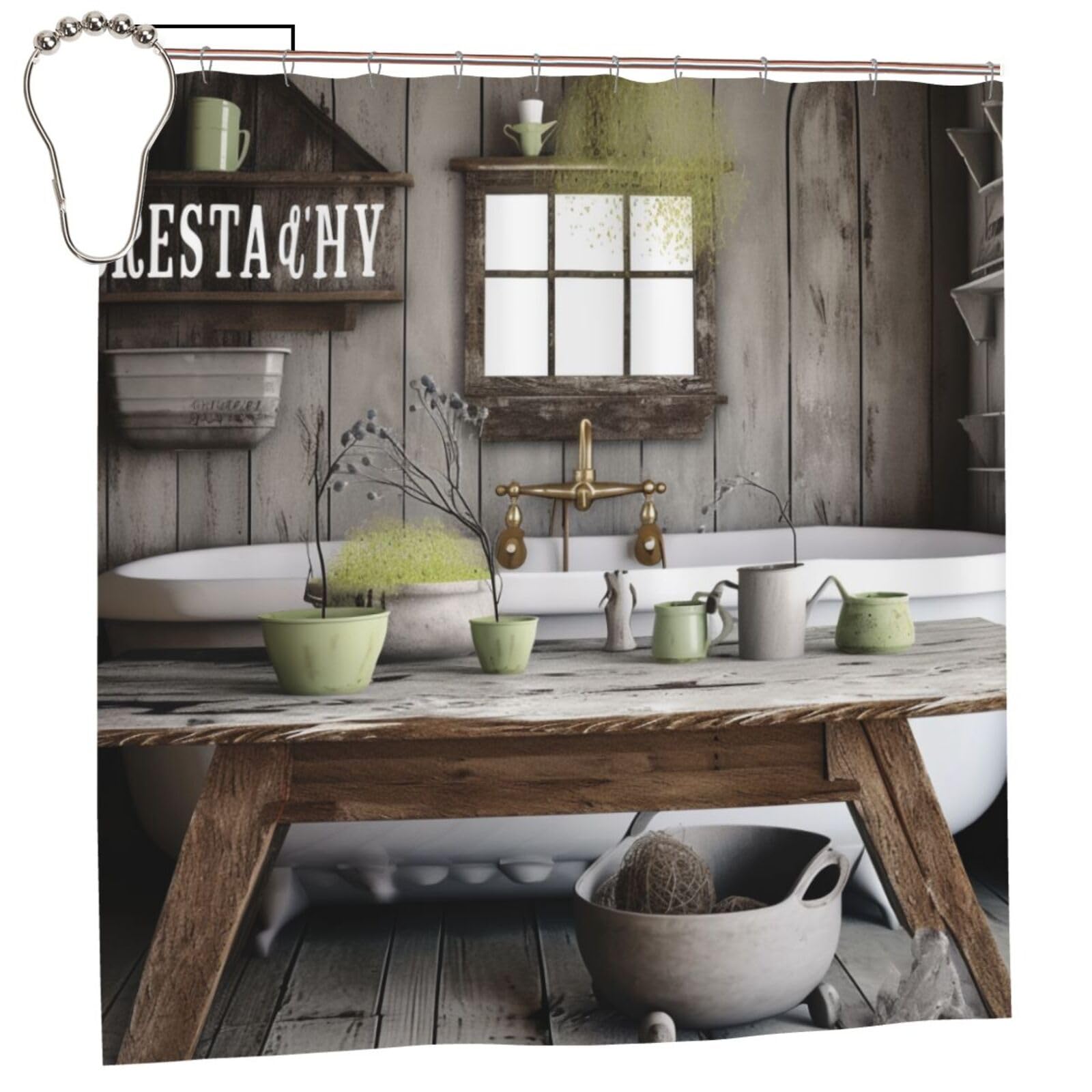 BWWHCCTI Farmhouse Rustic Printed Shower Curtain With 12 Iron Hooks Opaque Quick Drying Waterproof Shower Curtains Sets For Bathroom 183x183 CM