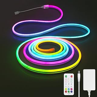 Aclorol 5M Neon LED Streifen RGB IC 24V 300 LEDs Super hell Flexibel LED Lichtband mit Musik-Sync IP65 wasserdicht inkl. EU Netzteil Fernbedienung für Gaming Zimmer Party Wand Deko 8 * 16mm Weißroh