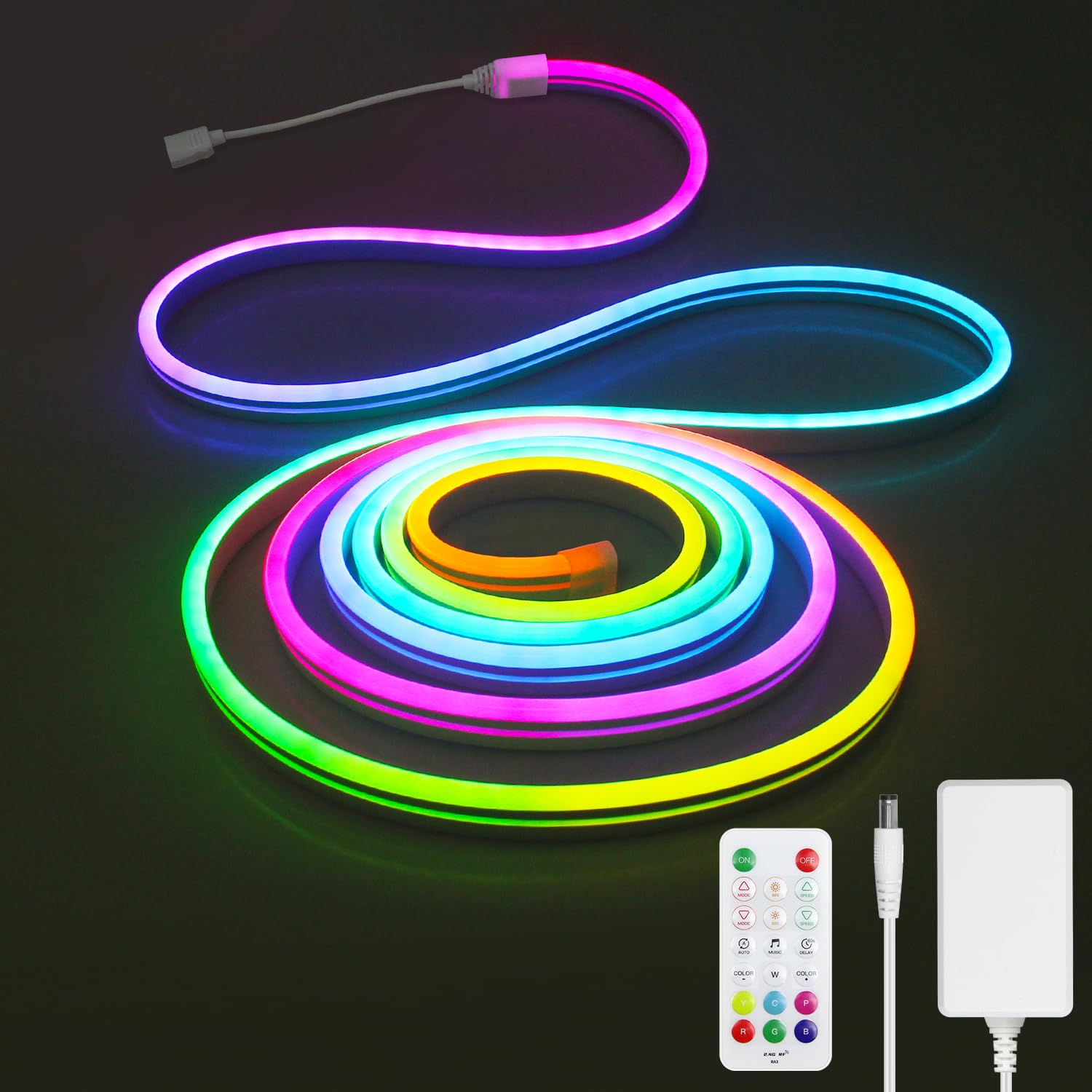 Aclorol RGB+IC Neon Rope Lights 16.4ft LED Neon Light for Bedroom Flexible Neon Led Strip Light with Music Sync Segment DIY Design Works with Bluetooth APP 24V 5M Waterproof Neon Light for Wall Decor