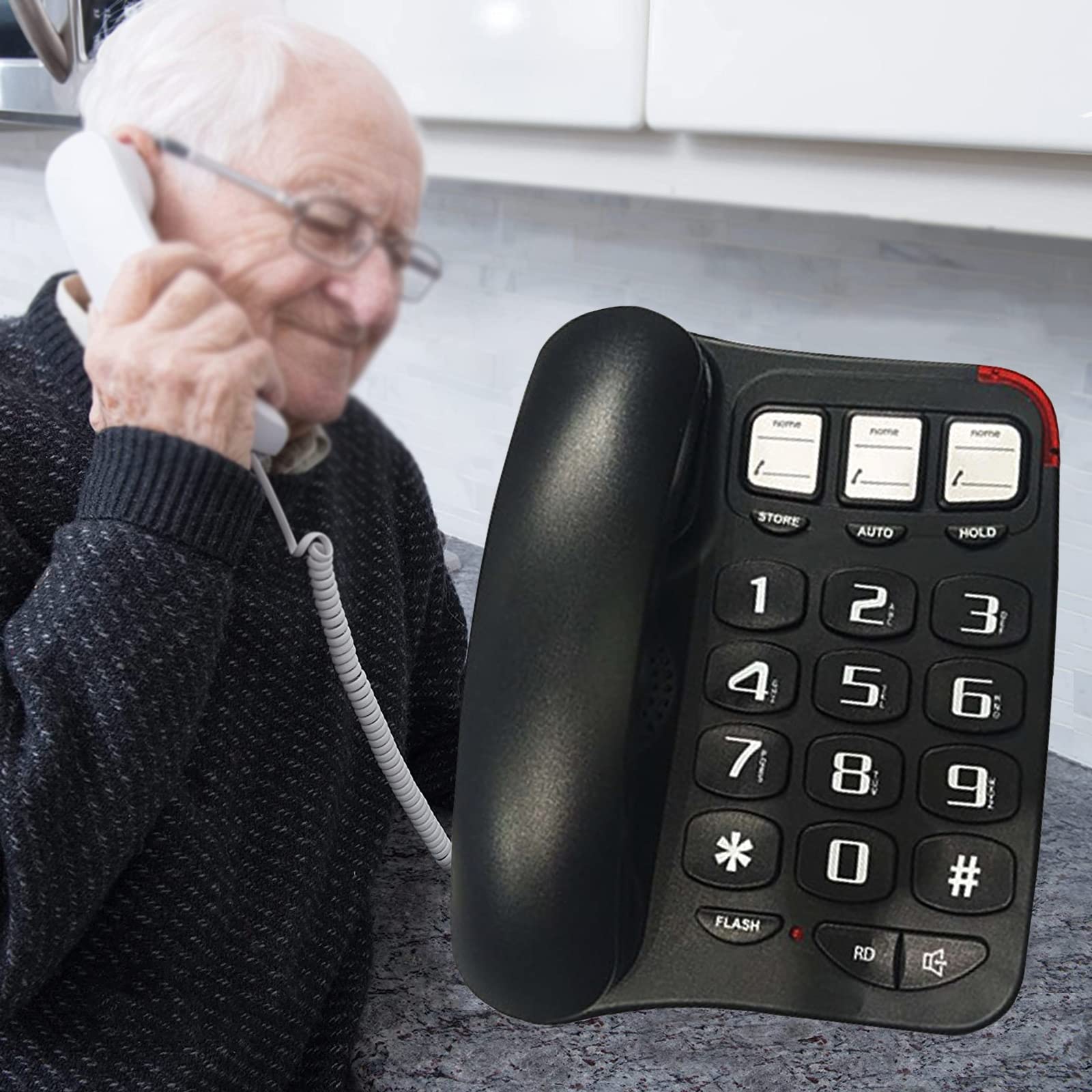 IBOWZ Telefono Fisso Telefono a Pulsanti Grandi per Anziani,Telefono Fisso con Filo,Telefono di casa a Pulsanti Grandi,Negozio,Attesa,Flash,Funzioni di ricomposizione,Funzioni,Vivavoce,Perfetto PE