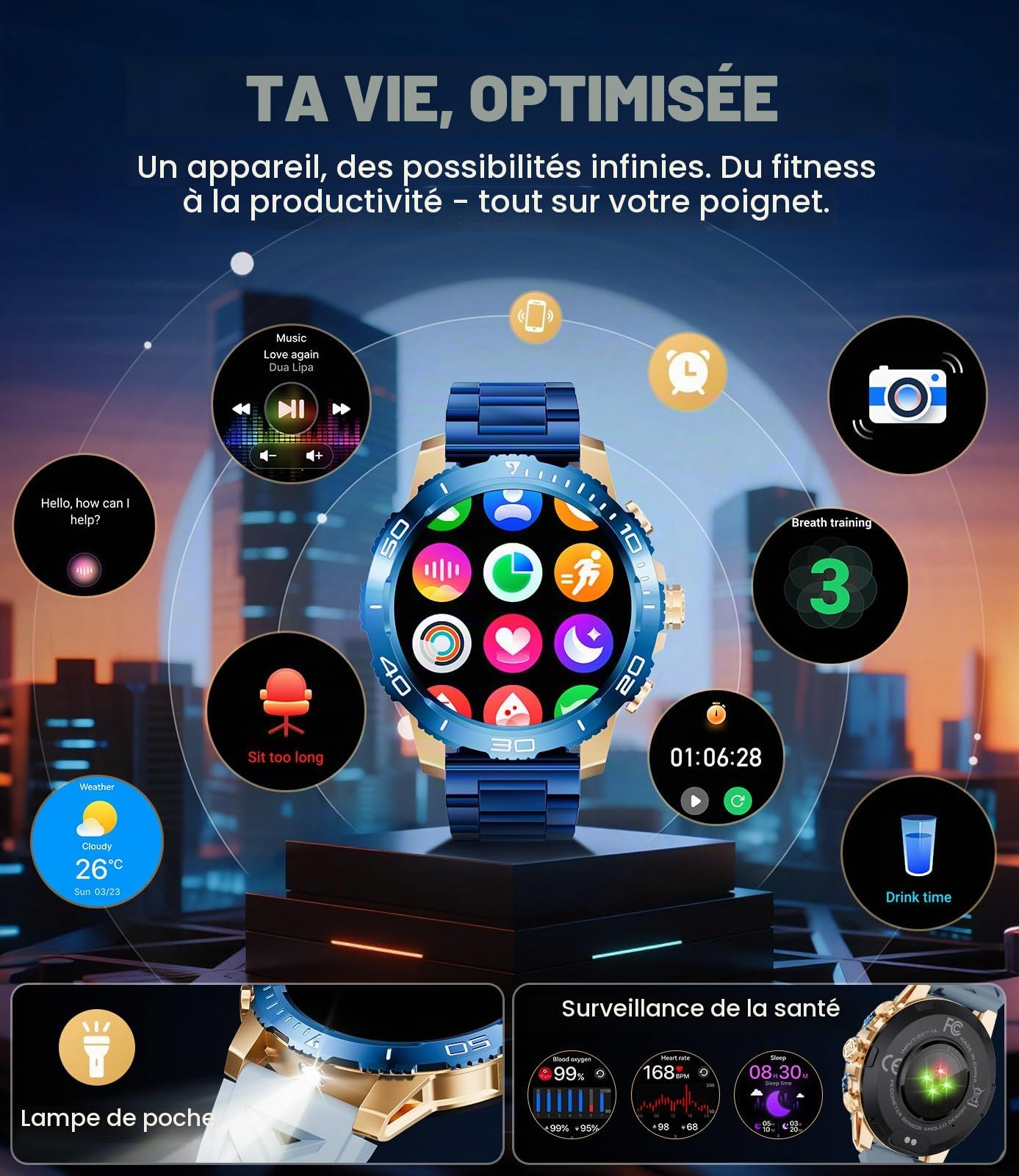 Montre Connectée Homme avec Poche/800mAh, 1,43" AMOLED Écran Luxe Smartwatch avec Appel Bluetooth, 200+ Sportmodi, IP68 Étanche, Fréquence Cardiaque, Moniteur de Sommeil pour iOS Android