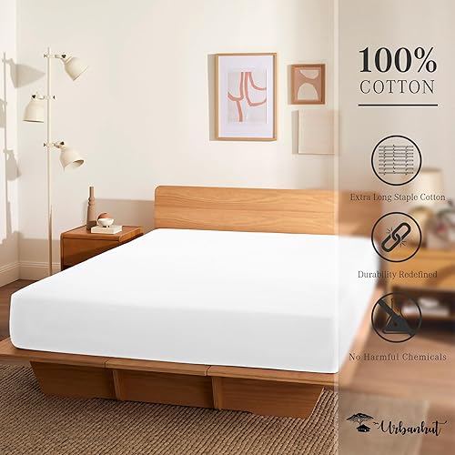 Miniatura 2 de Urbanhut Sábana bajera ajustable de 100 % algodón tamaño King, 400 hilos, suave y lisa de lujo en tejido satinado, sábanas de hotel de fibra larga,