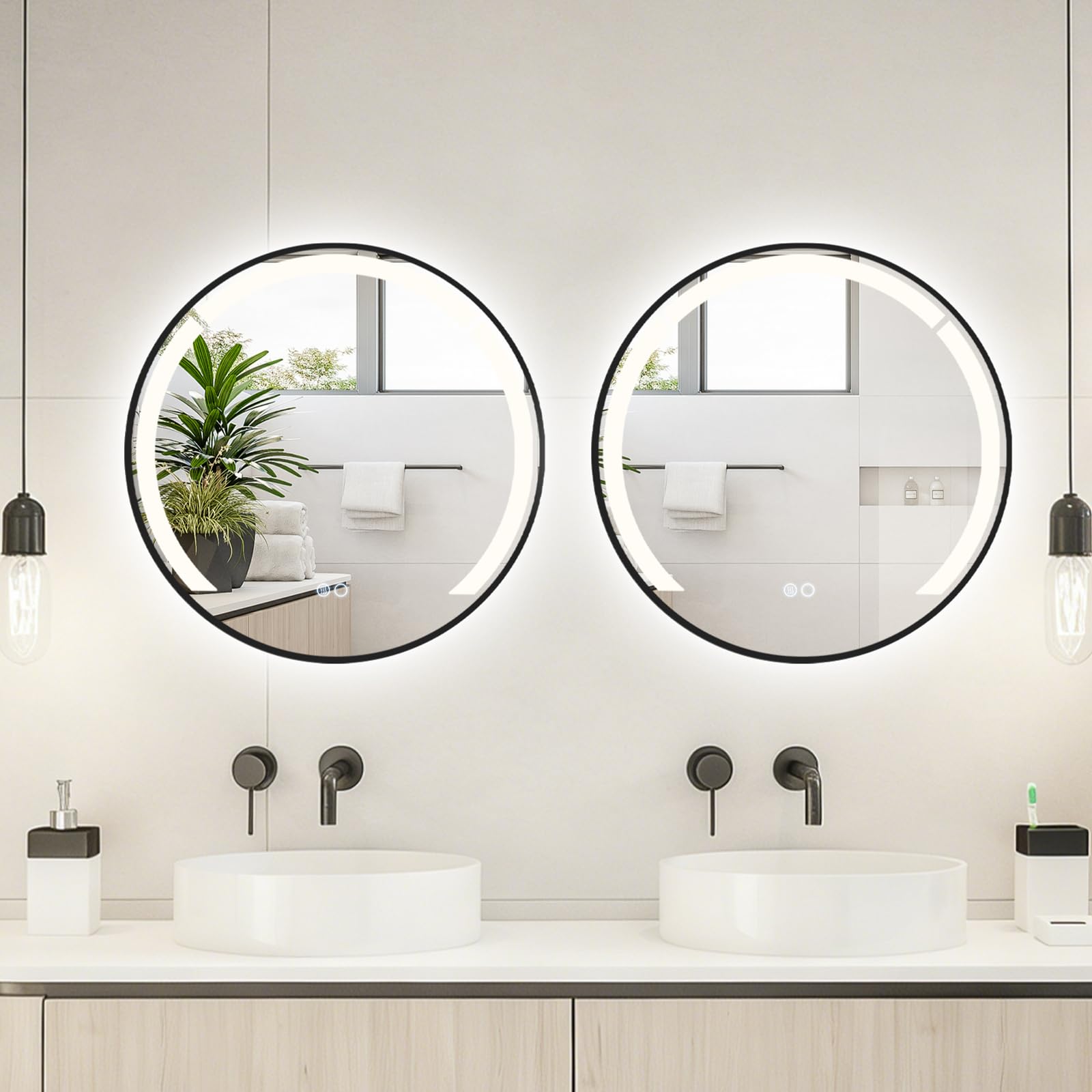 LIFEZEAL Espejo de Pared Redondo con LED, 60 cm, Función Antivaho, 3 Colores de Luz y Brillo Ajustable, Marco de Aluminio Resistente para Cuarto de Baño