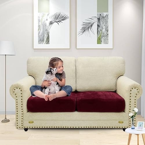 Miniatura 2 de MAXIJIN Fundas de cojín elásticas de terciopelo para cojines de sofá individuales con parte inferior elástica (2 fundas de cojín de sofá, rojo vino)