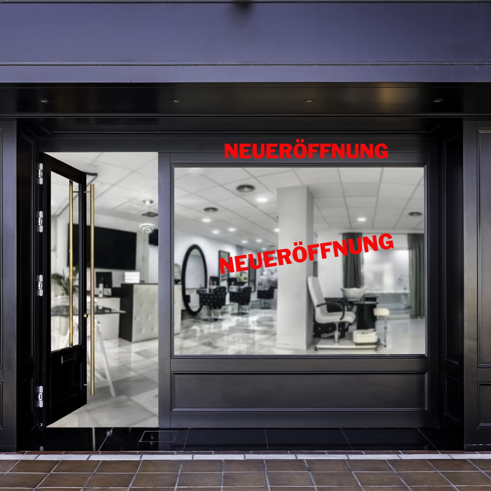 Finest Folia 4 x Schriftzug NEUERÖFFNUNG Rot Schaufenster Aufkleber Laden Geschäft Werbung Schaufensterbeschriftung selbstklebend KX046