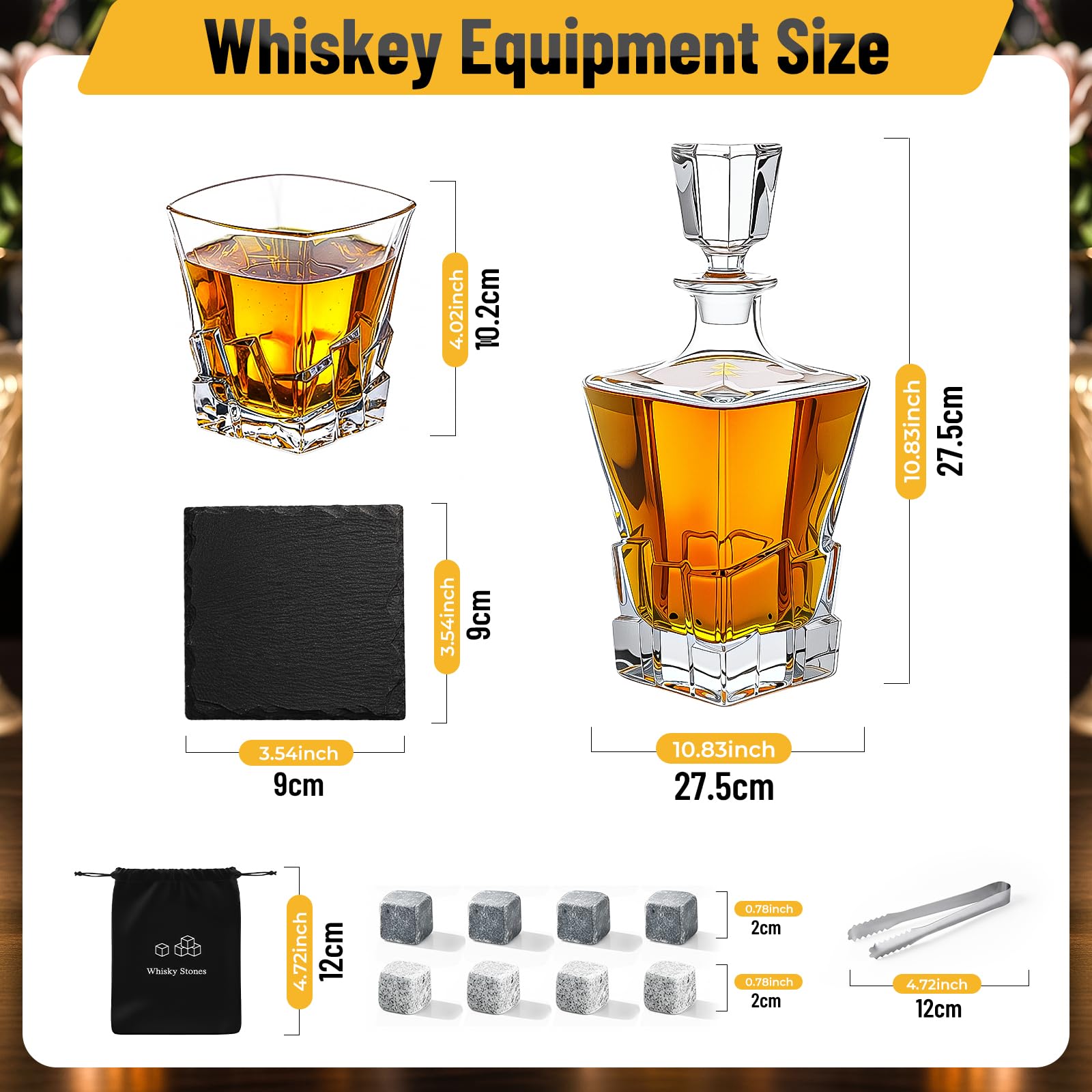Set Regalo Whisky Con Decanter 800ml, 2 Bicchieri 340ml, 8 Pietre, Pinze E Sottobicchieri – Design A Diamante In Vetro Trasparente