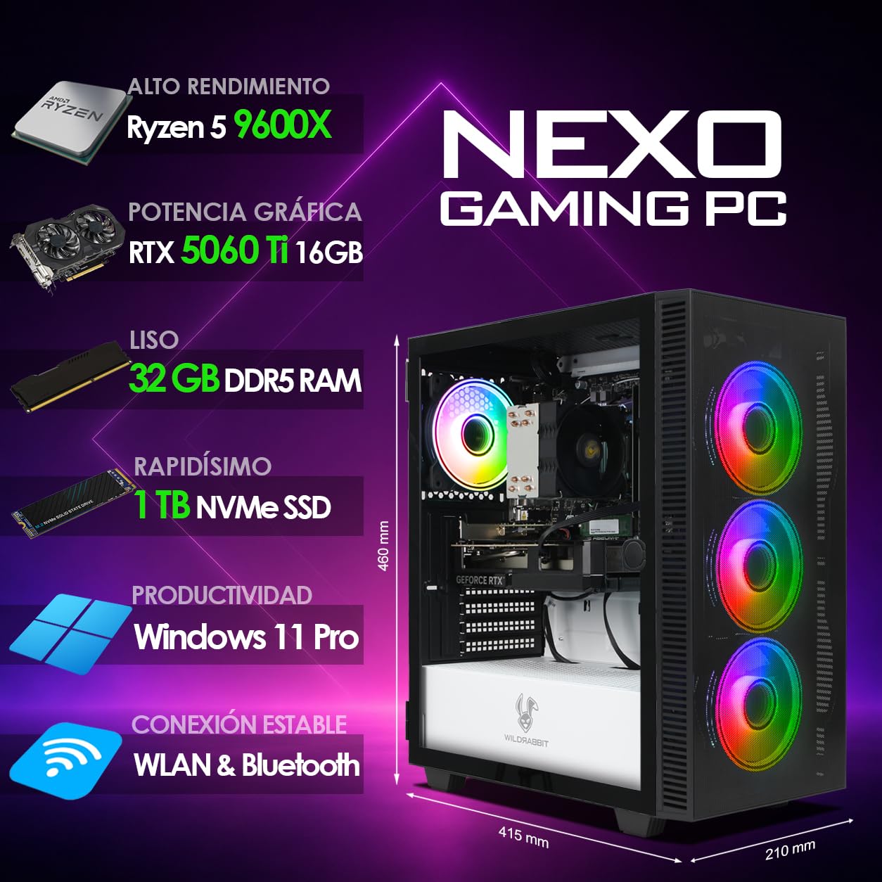 Ankermann Nexo PC Gaming RTX 5060 Ti 16GB Ryzen 5 9600X 32GB RAM | PC gaming de alto rendimiento, SSD NVMe 1TB, Windows 11 Pro, torre RGB, Wi-Fi y Bluetooth, garantía de 24 meses