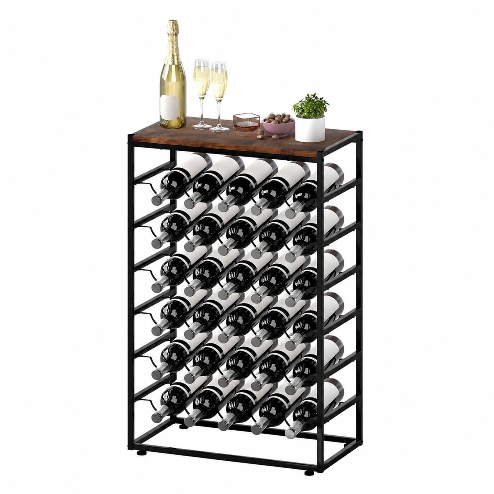 Levede 30 Bottle Metal Freestanding Wine Rack with Wooden Top, 6-Tier Floor Standing Wine Storage Shelf, Wine Bottle Holder for Kitchen Bar Pantry (L59x W30x H88cm)