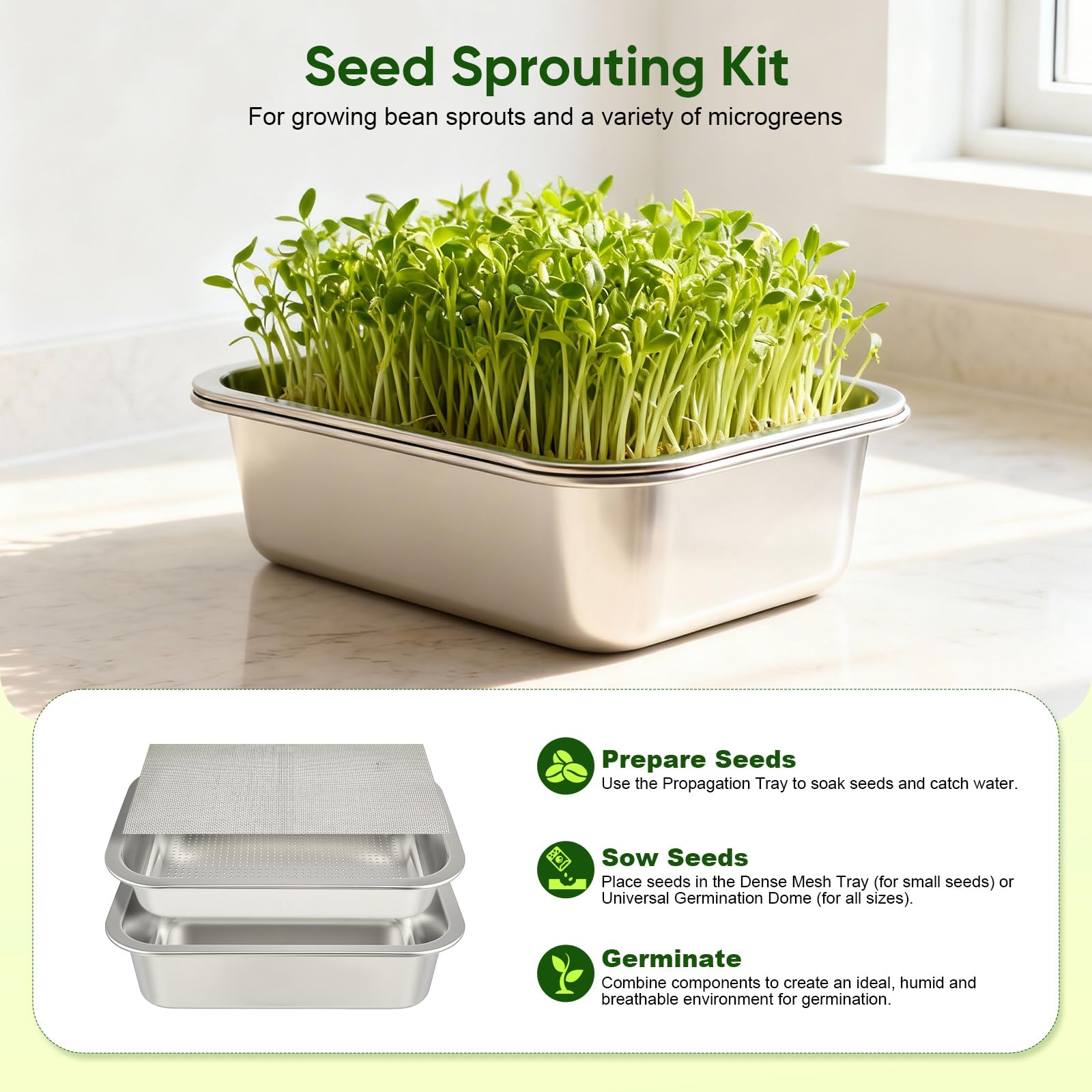 Lot de 2 Plateaux de Germination Graines en Acier Inoxydable, Kit Germoir INOX pour Microgreens,Culture Hydroponique sans Terre,Bac à Germes Réutilisable pour Cresson,Roquette et Pousses de Légumes