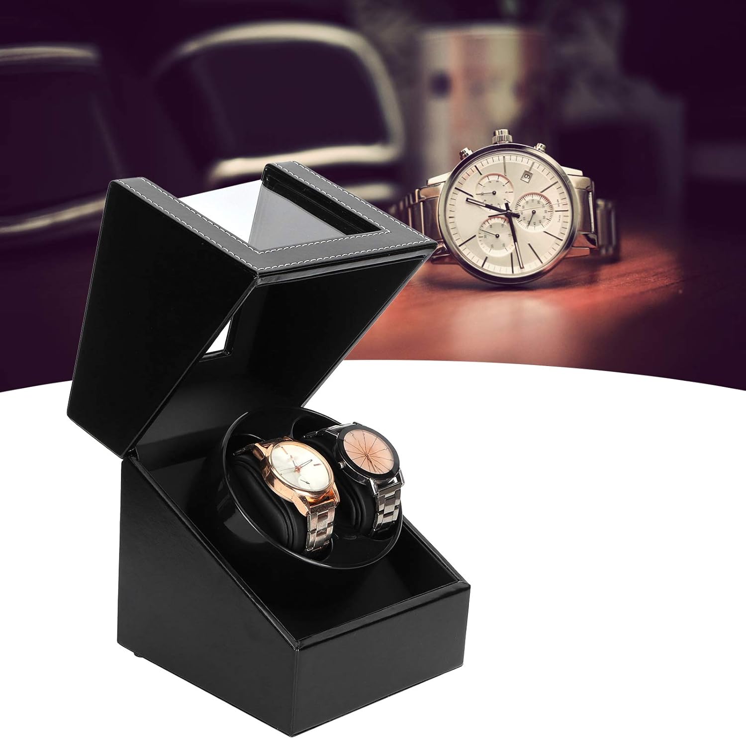Automatic Watch Winder Box, Leather Style Mechanical Watch Display Case USB Plugin, Black - Noise Free Operation, Adjustable Pillow, Ideal for Watch Collectors