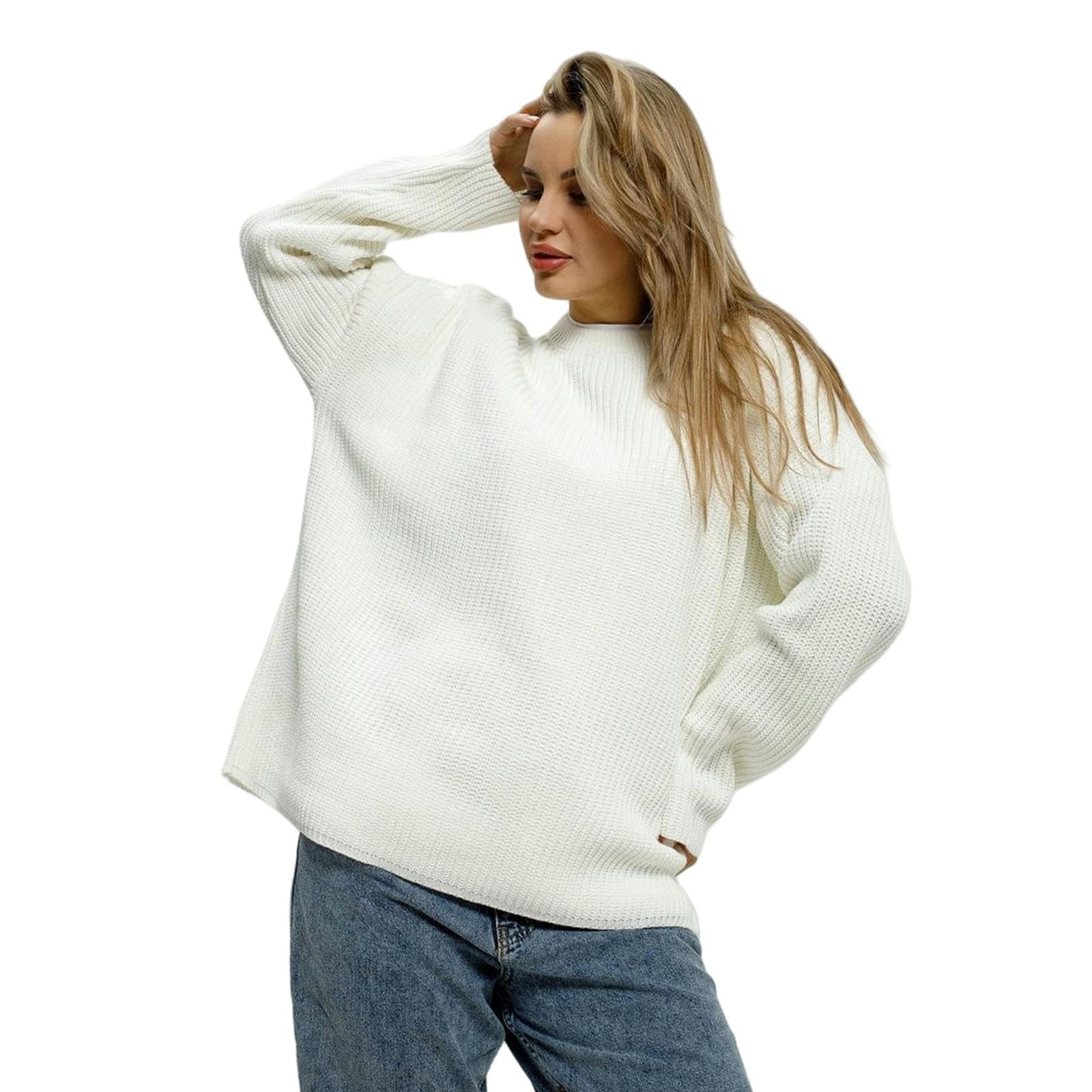 Swetry dla kobiet Sweter damski Jednoczęściowy okrągły dekolt Sweter Wiosna i jesień Luźny sweter z dzianiny Sweter Casual Fashion-White-XL