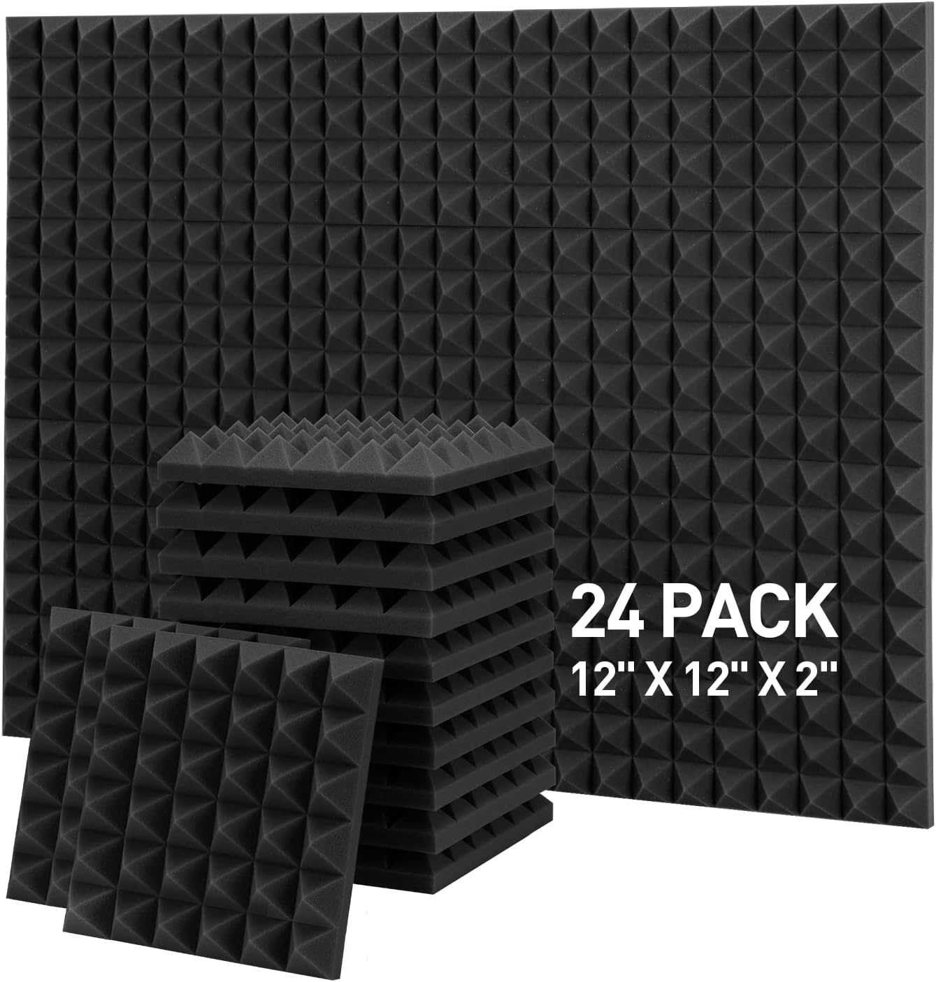 24 Pack Auslet Acoustic Panels, 12 x 12 x 2 Inches Acoustic Foam Panels, Pyramid Soundproof Wall Panels, Black Sound Proof Foam Panels, Sound Panels for Recording Studio