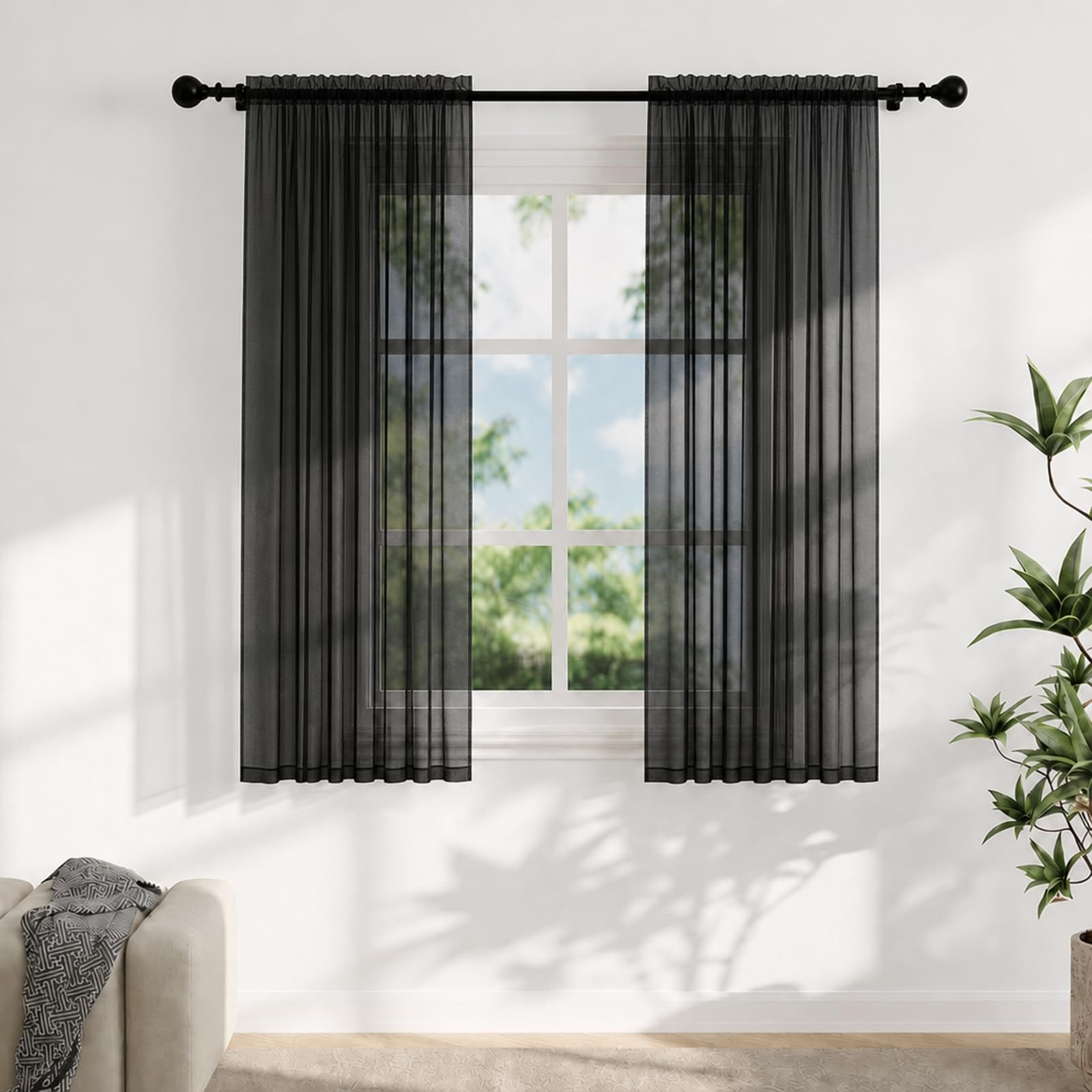 Flgef Voile Curtains for Windows 45 Drop, 2 Panels Dual Rod Pocket Sheer Curtains, Light Filtering Black Net Curtains for Living Room Bedroom Kitchen, W56xL45 Inches — image 1