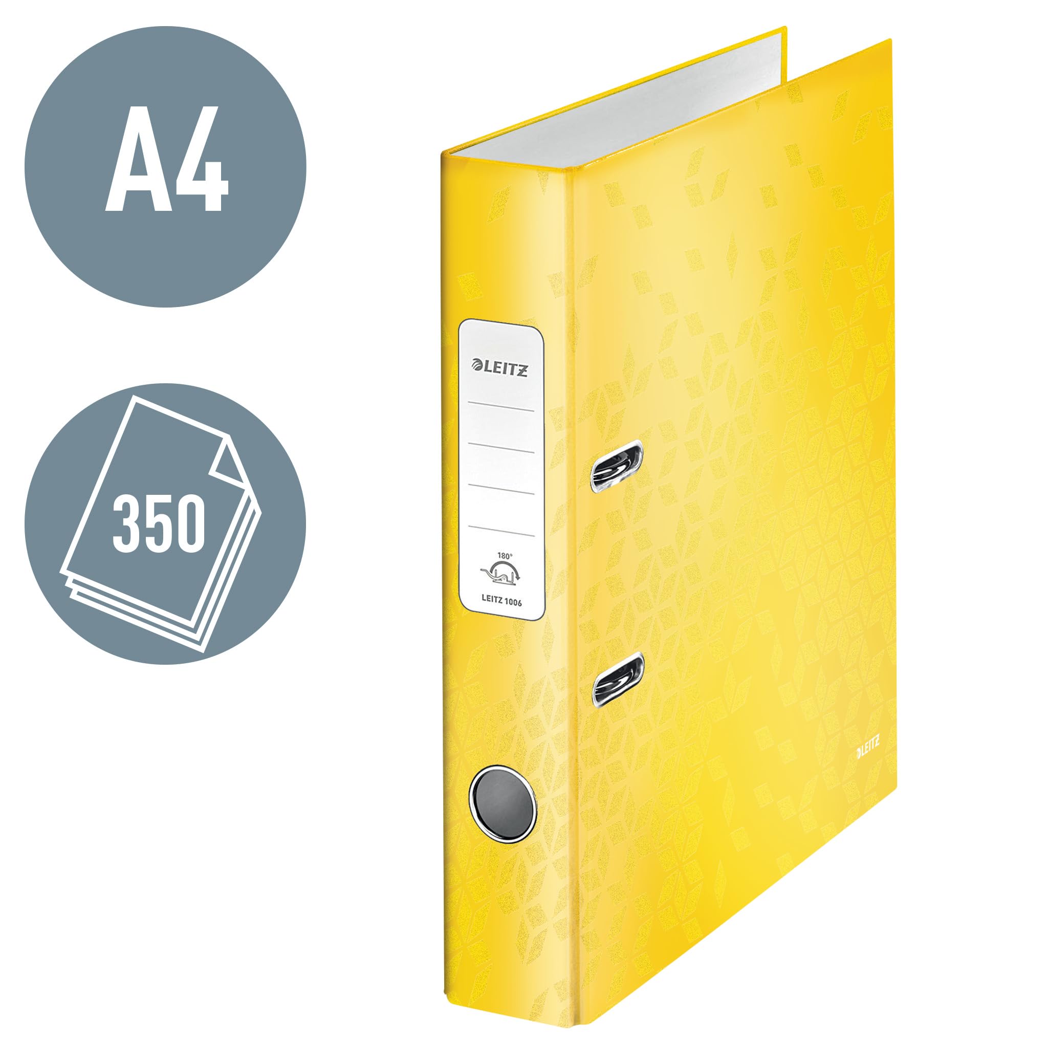 Leitz 10060016 - Raccoglitore di qualità, 180°, formato A4, sottile, larghezza dorso 5,2 cm, bordo grigio laminato, giallo, serie WOW