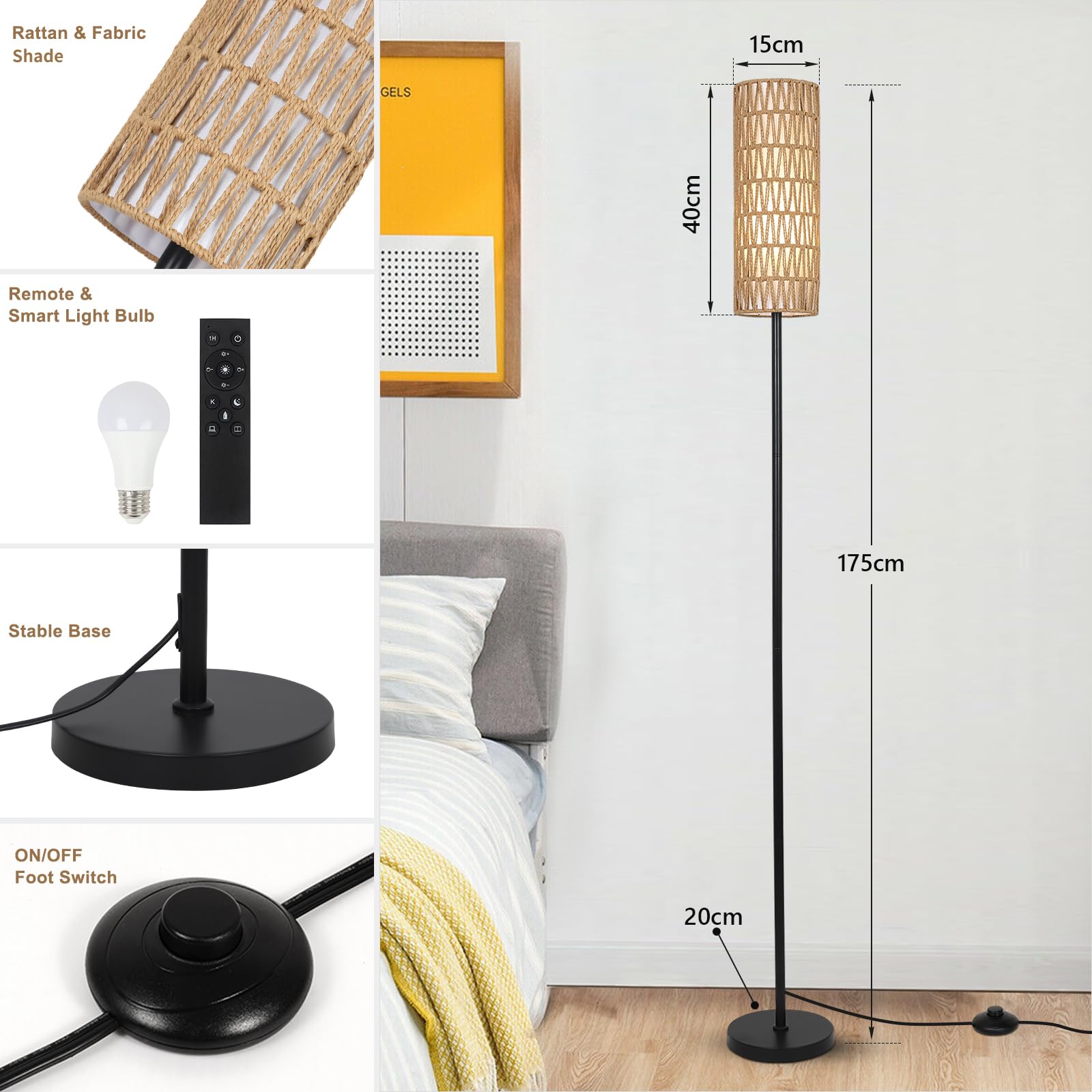 Rayofly Rattan Stehlampe Dimmbar für Wohnzimmer - Mit Fernbedienung, App-Steuerung, Boho-Design, Rattan & Leinen Lampenschirm, Schwarz - Für Schlafzimmer, Büro (Glühbirne Inklusive)