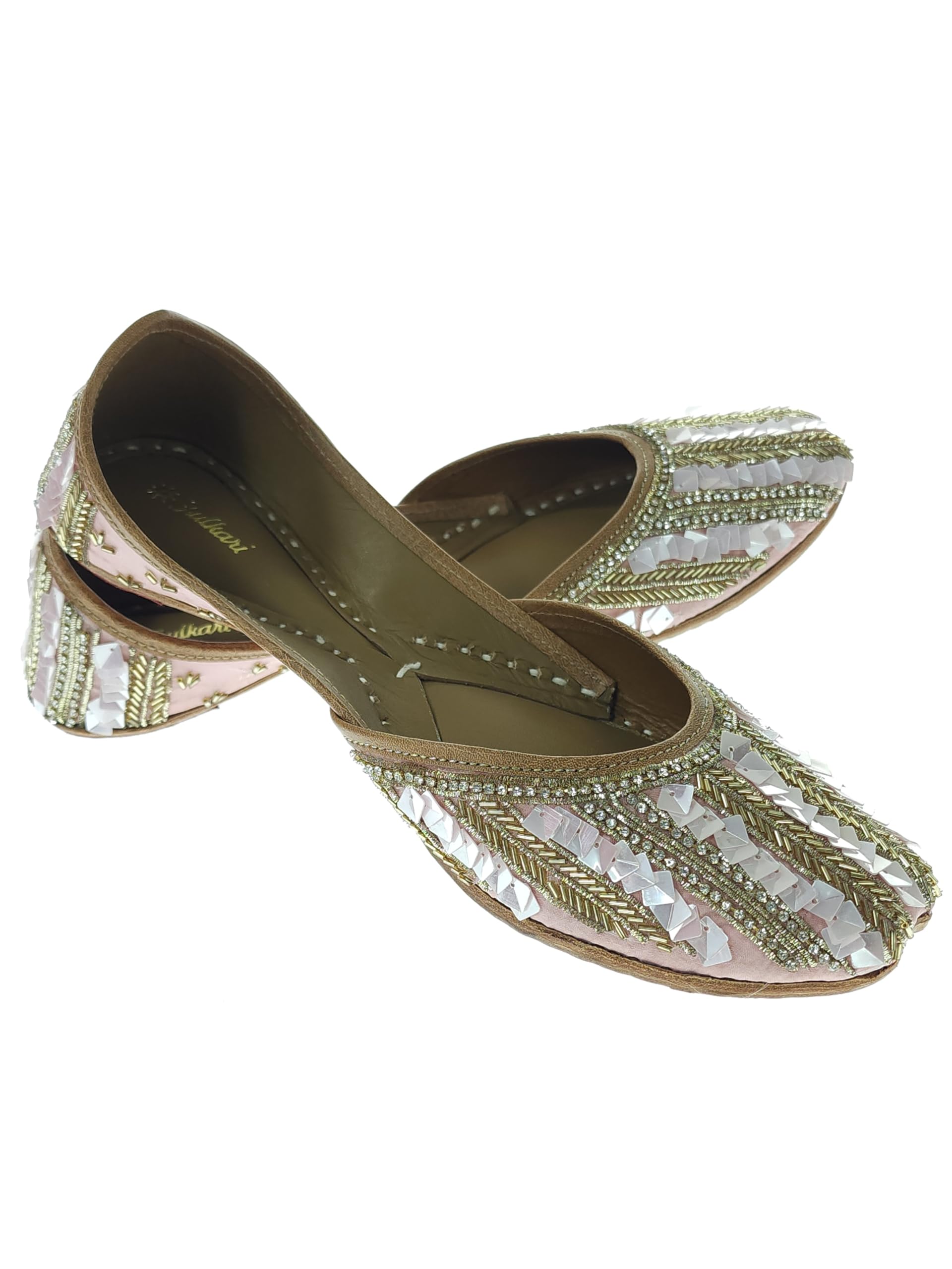 fulkari Women Celosia Pink Gold Genuine Soft Leather Embroidered Jutis | Bite and Pinch Free Jutti | Punjabi Formal Juttis | Girl's Wedding Flat Ladies Mojari | Formal Ethnic Juti |-picture-48