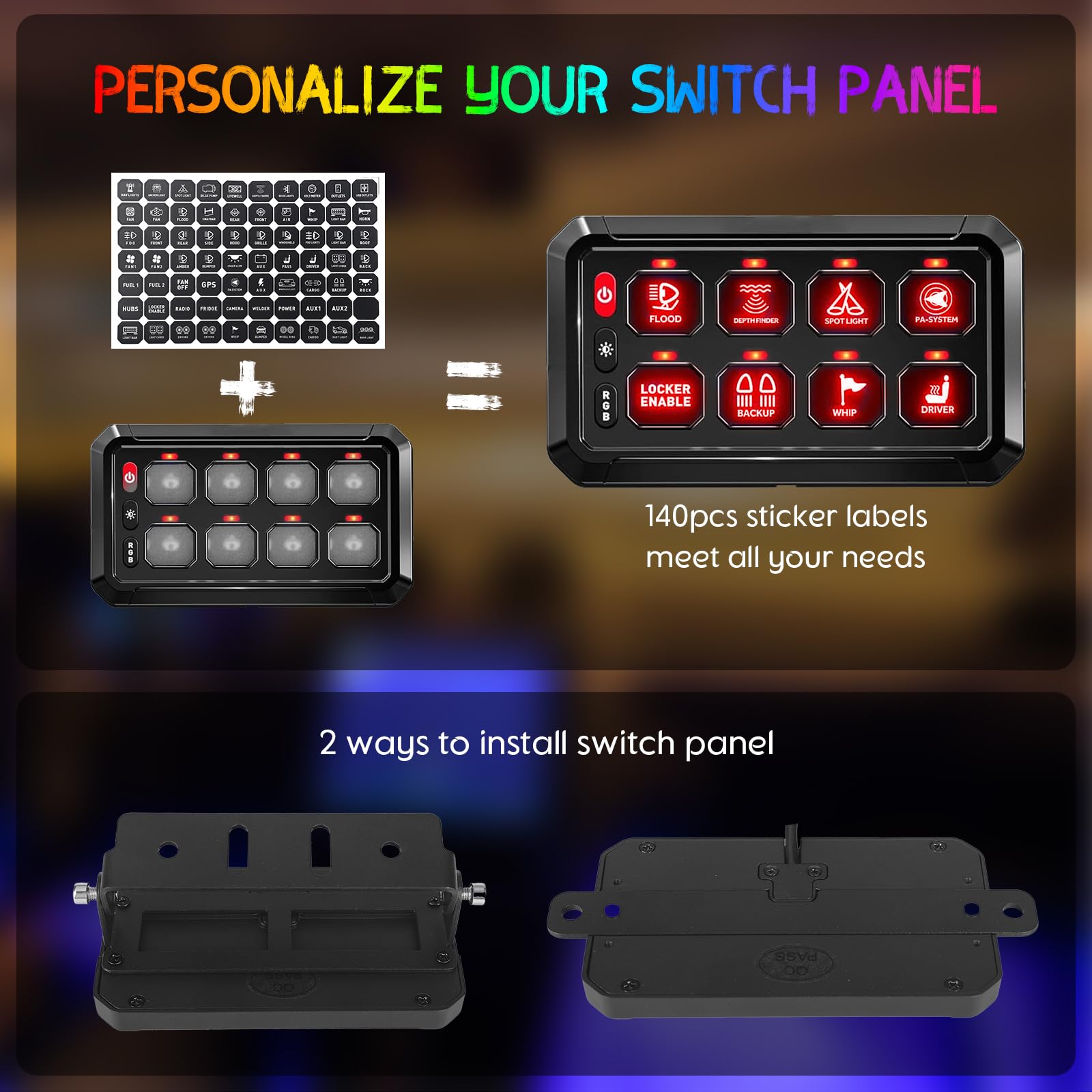 Chelhead Panel przełącznika 8 Gang RGB 12V/24 V z przekaźnikiem i bezpiecznikiem | Wodoszczelność IP65, 5 poziomów jasności i 3 silikonowe przyciski do łatwego sterowania akcesoriami