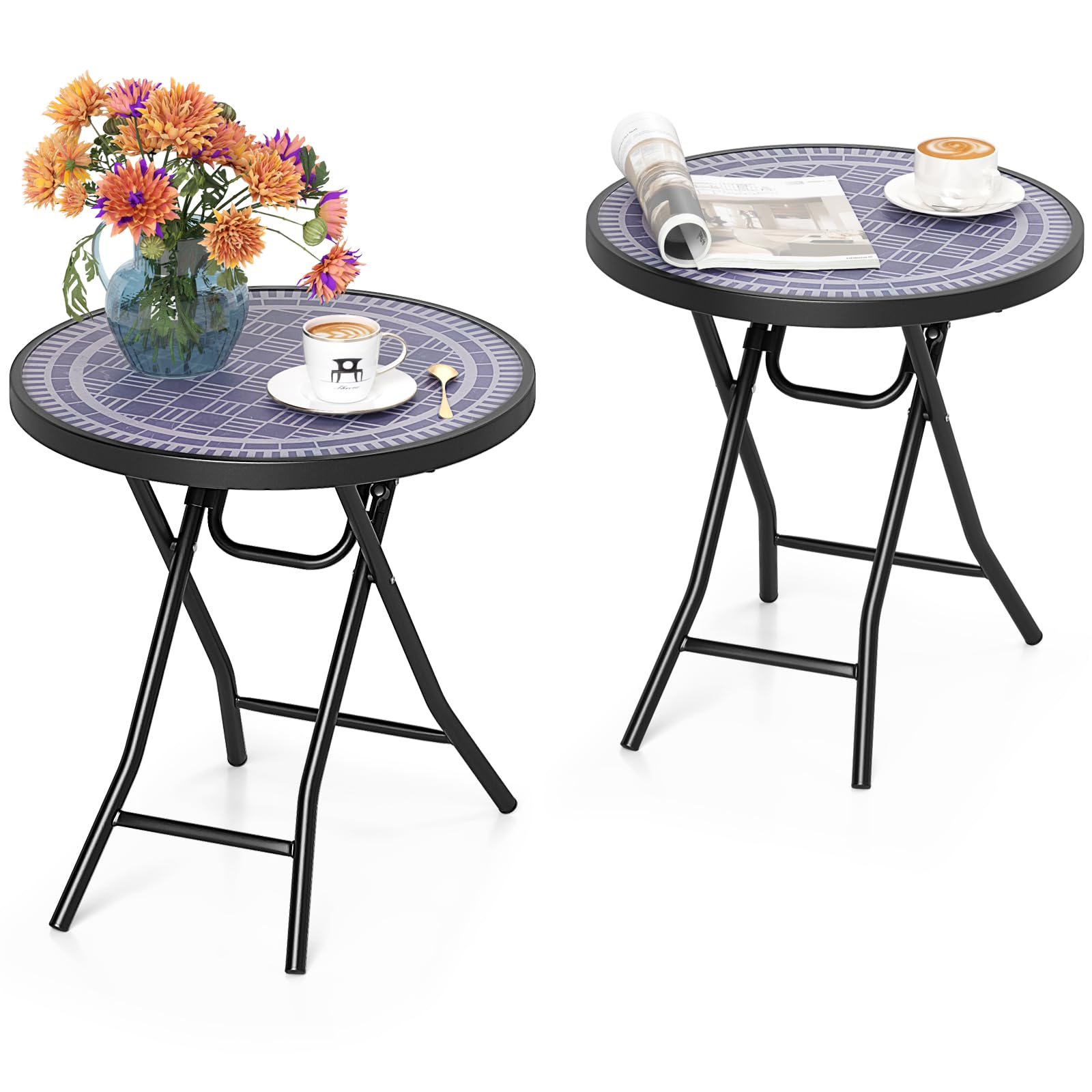Tangkula Round Folding Side Table, 18 Inch Patio Coffee Table with Tempered Glass Tabletop and Metal Frame, Indoor Outdoor Small Side Table for Yard,