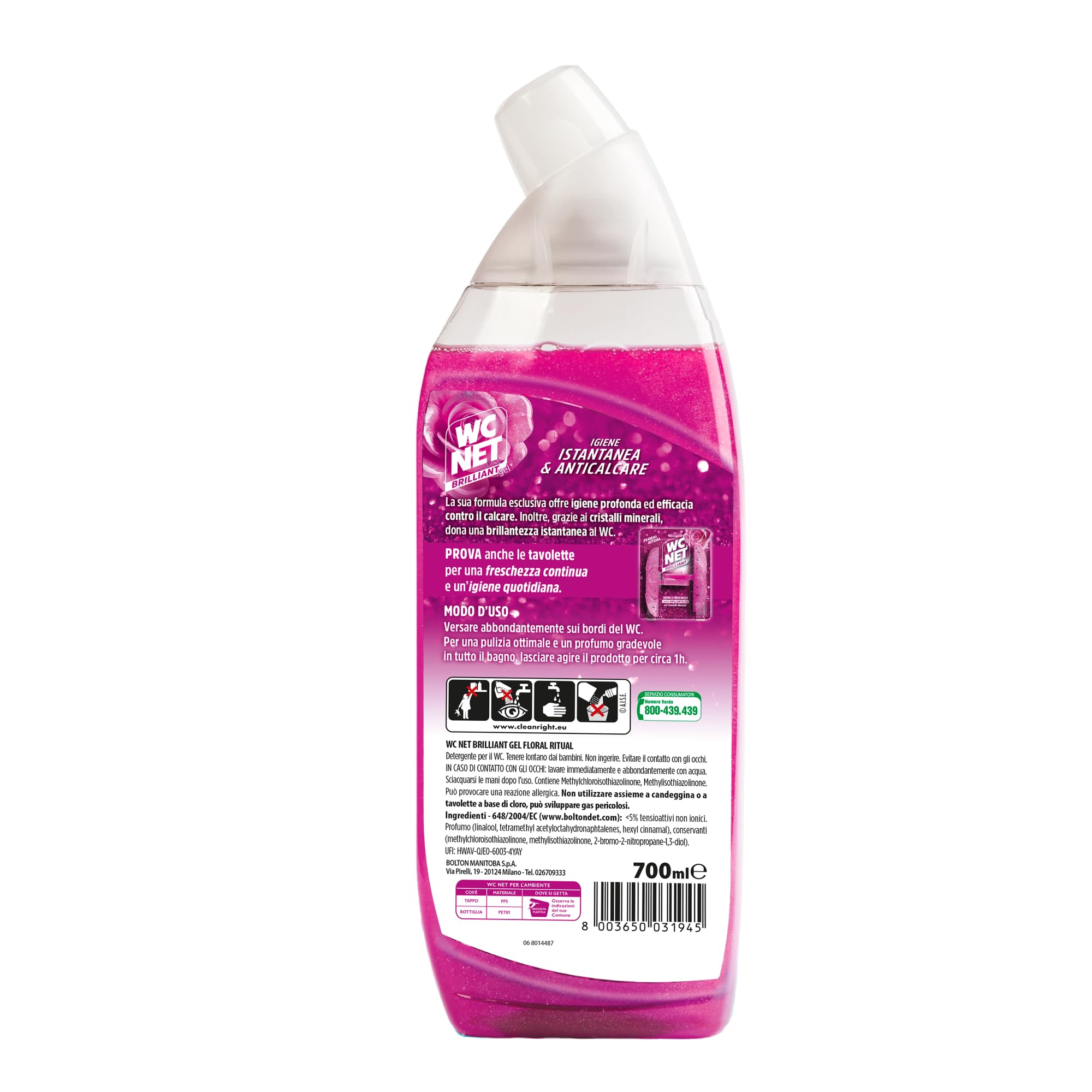 Wc Net - Brilliant Gel Floral Ritual, Detergente Liquido per Wc, Formula Brillante con Cristalli Minerali, Igiene Profonda, Azione Anticalcare, Profumo Floreale, 700 ml