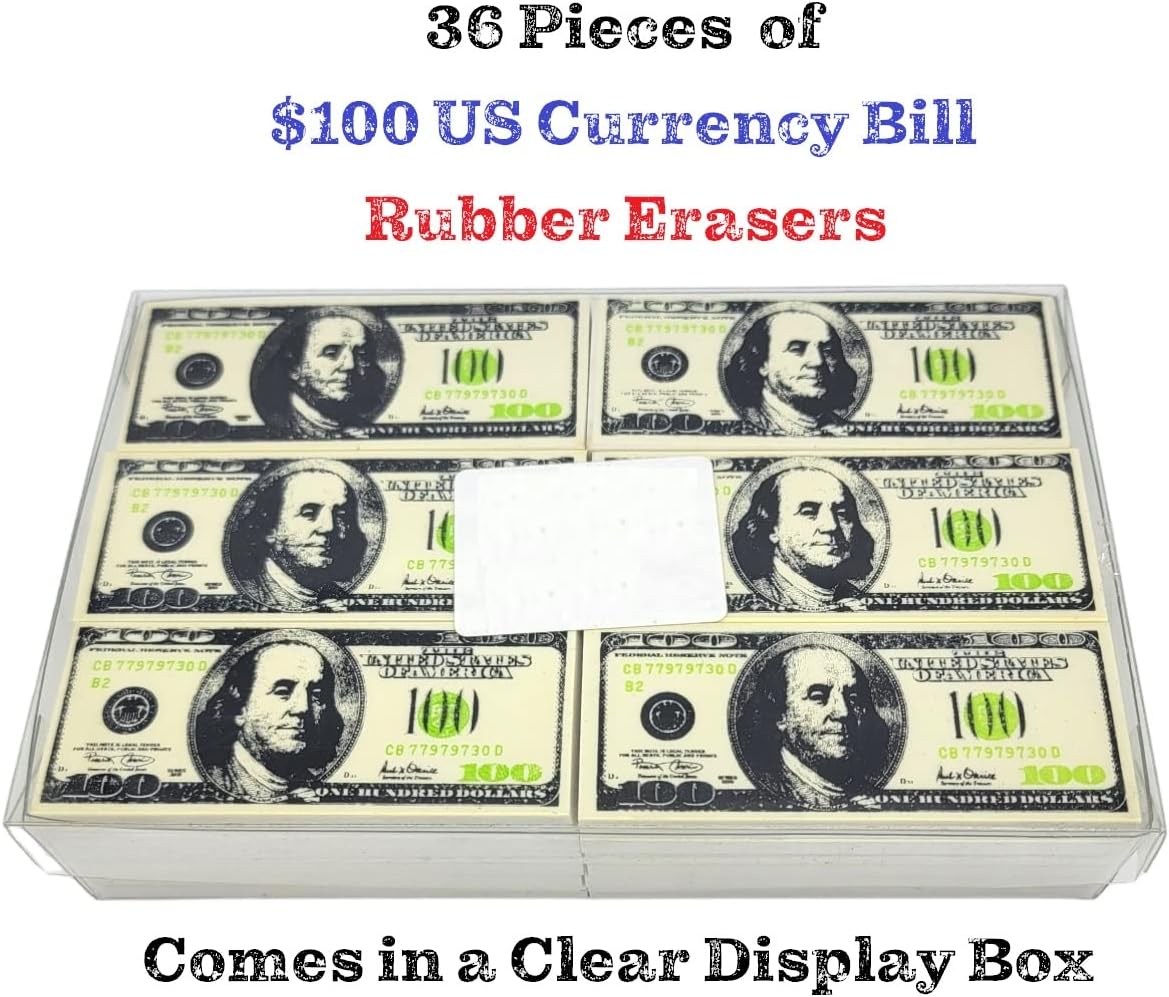 Realistic Looking $100 Bill Erasers (36 Pack) Almost 3" x 1.25". Rubber. School Student Incentive