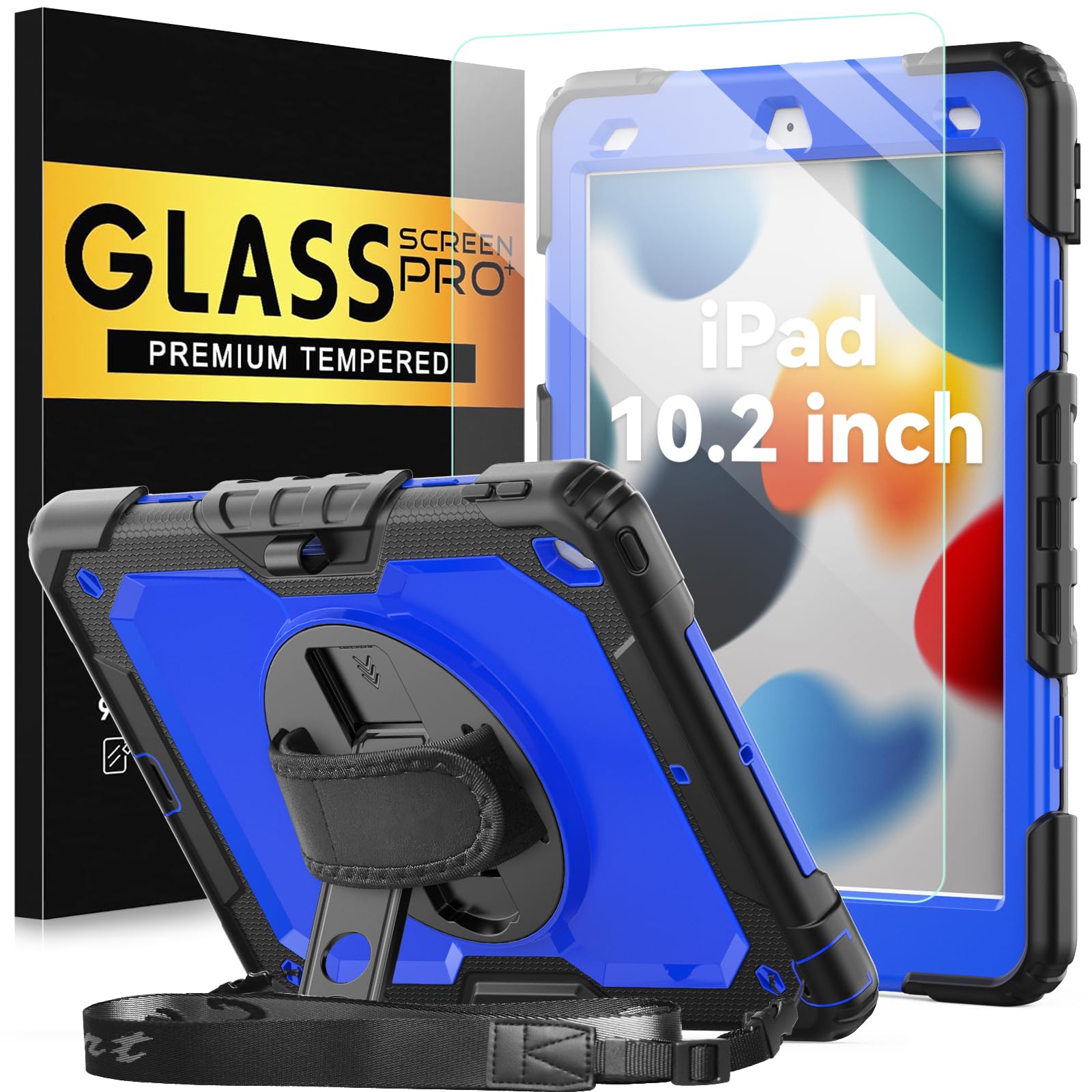 BLOSOMEET Case for iPad 9th/8th/7th Generation 2021/2020/2019 10.2 Inch with Tempered Glass Screen Protector & Pencil Holder,Protective Kids iPad 10.2 Case Cover w/Stand Hand Shoulder Strap,Black — Amazon image 9