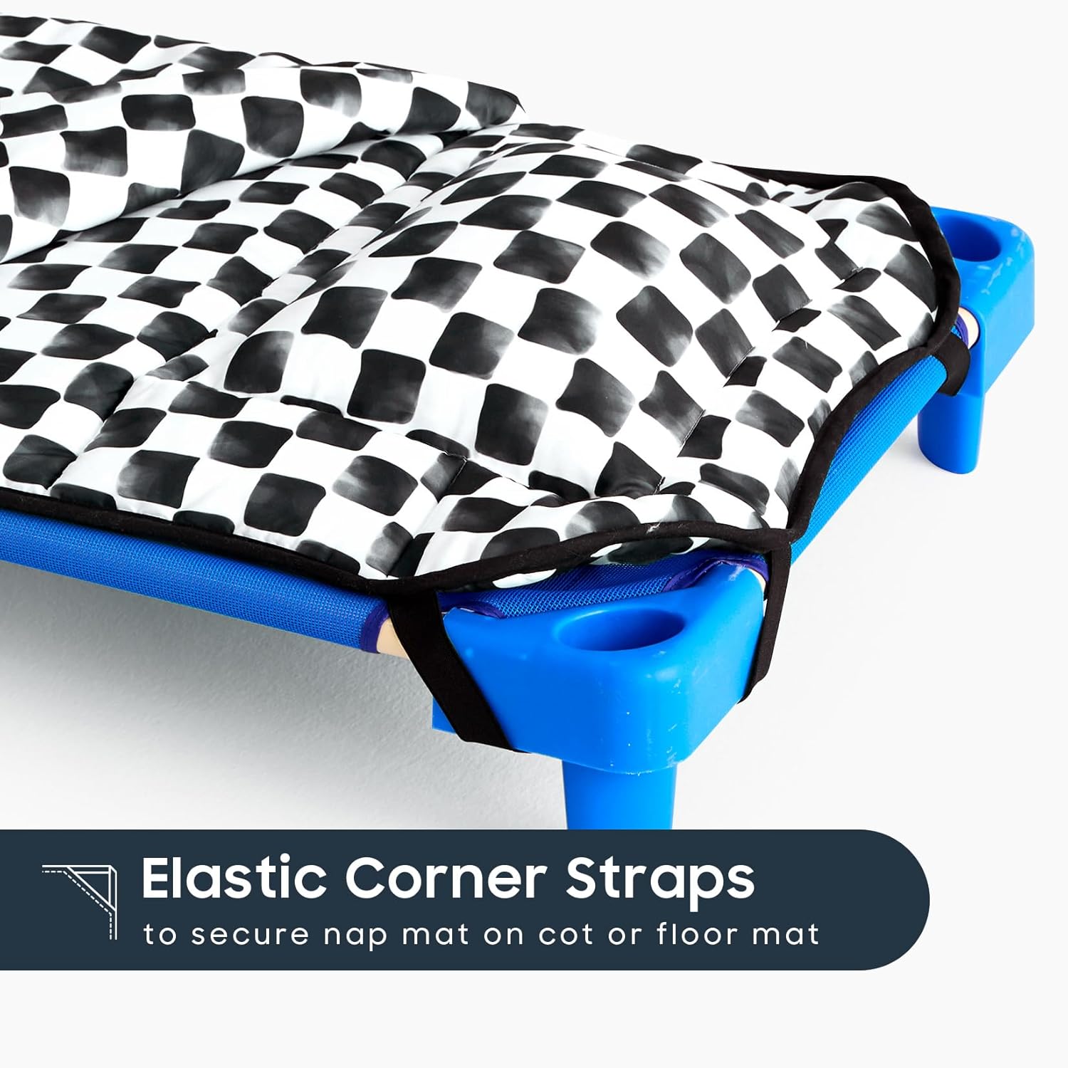Wake In Cloud - Cot Nap Mat with Pillow and Blanket, for Toddler Kids Boys Girls in Daycare Kindergarten Preschool Pre K with Elastic Corner Straps, Gingham Grid Checkered, Black White
