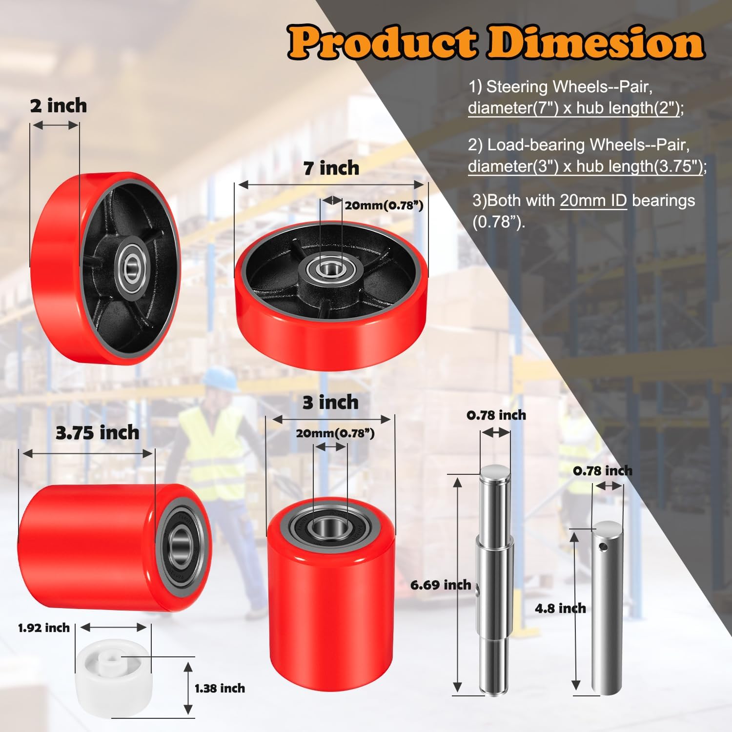 Pallet Jack/Truck Full Wheel Replacement Kit, Pair Steering Wheels (7"x 2"), Pair Front Load Roller(3" x 3.75"), with Pre-Installed Bearings, Axles, 20mm ID Poly Tread, Entry Rollers, Install Tool Kit