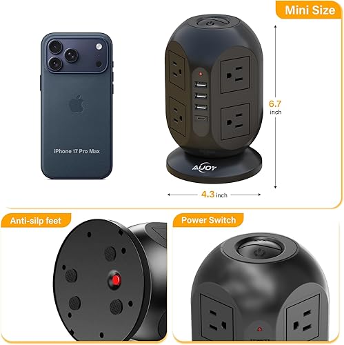 Miniatura 7 de AiJoy Torre de regleta de protección contra sobretensiones con 8 tomas, 4 puertos USB (1 USB-C), cable de extensión plano de 10 pies con múltiples