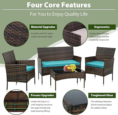 Miniatura 4 de Juego de muebles de exterior, 4 piezas, juego de muebles de patio resistente al agua con 3 sillas de ratán, 1 cojín de asiento de mesa con tapa de