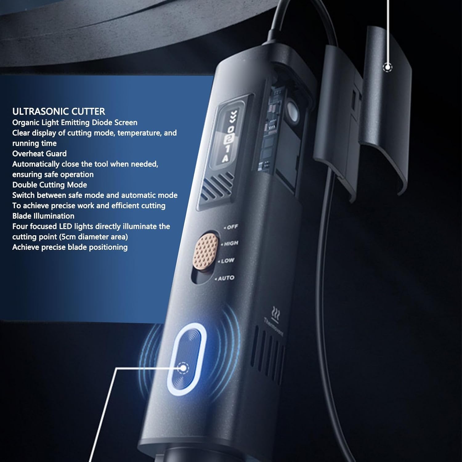 2-in-1-Ultraschallschneider, 35 W leichtes Hand-Ultraschallmesser, Ultrasonic cutter mit 50 Klingen und OLED-Display, geeignet für 3D-Druckmodelle aus Kunststoff, Harz, Polyethylen und Leder