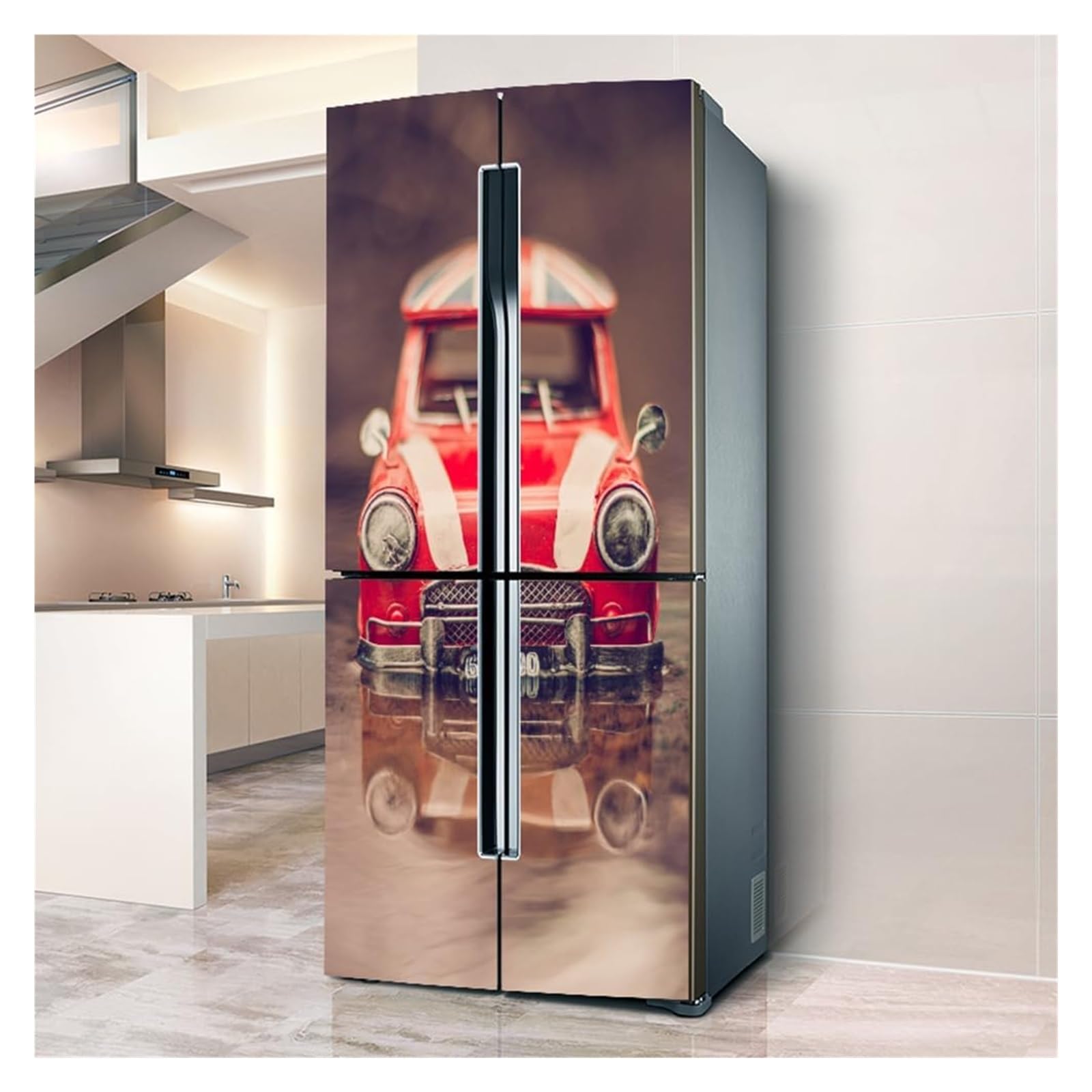 Self-Adhesive Fridge Stickers, Freezer Skins Wall Stickers for Kitchen Decal, Red Iron Retro car Vintage(L: 100x180 cm)