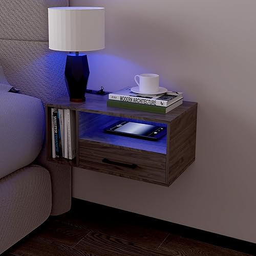 Miniatura 8 de Mesita de noche flotante con estación de carga y luces LED, mesita de noche flotante con cajones, mesitas de noche montadas en la pared, para