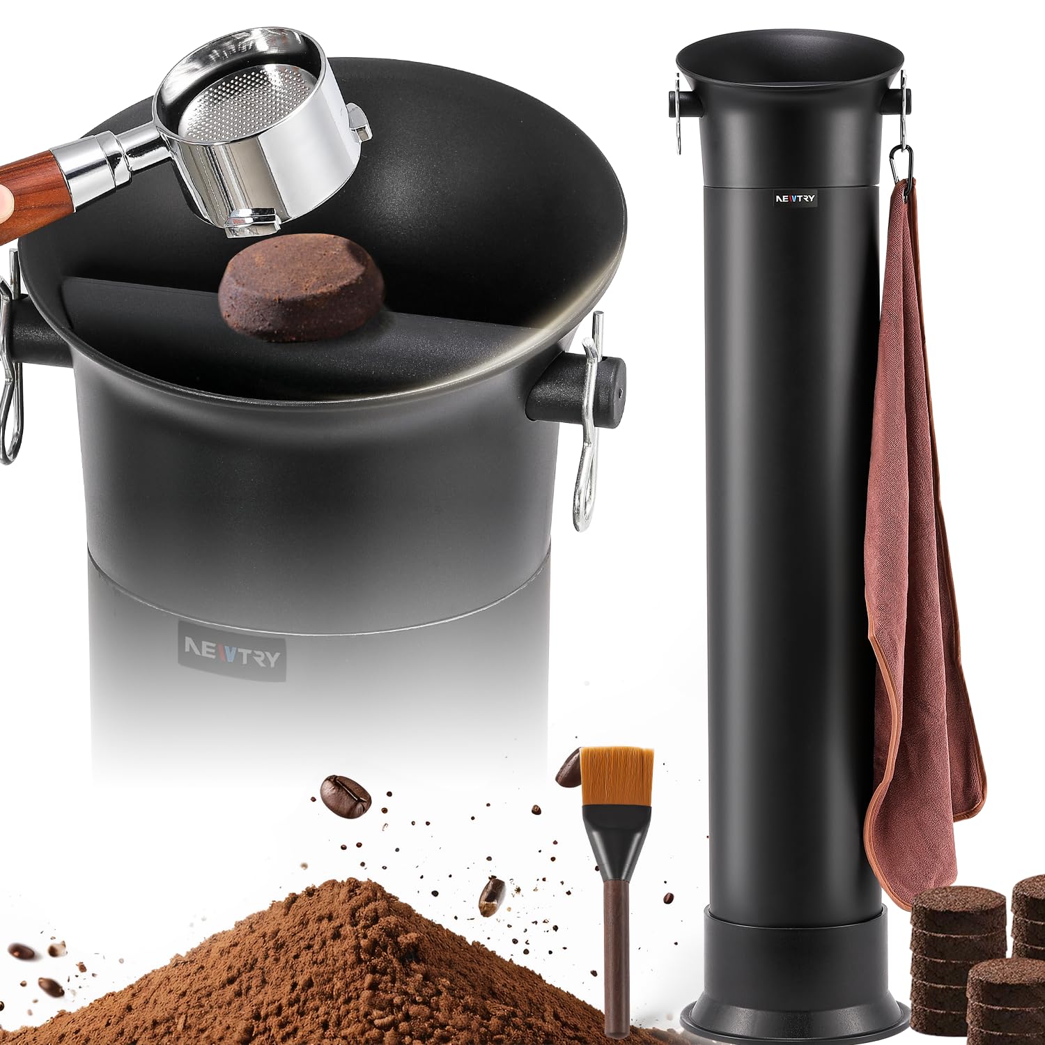NEWTRY Boîte à Café Commercial, Bac à Marre de Café Expresso - Grande capacité - 19 l - Accessoires pour Barista, Café, Bar avec 30 sacs poubelle, serviettes et brosses de nettoyage