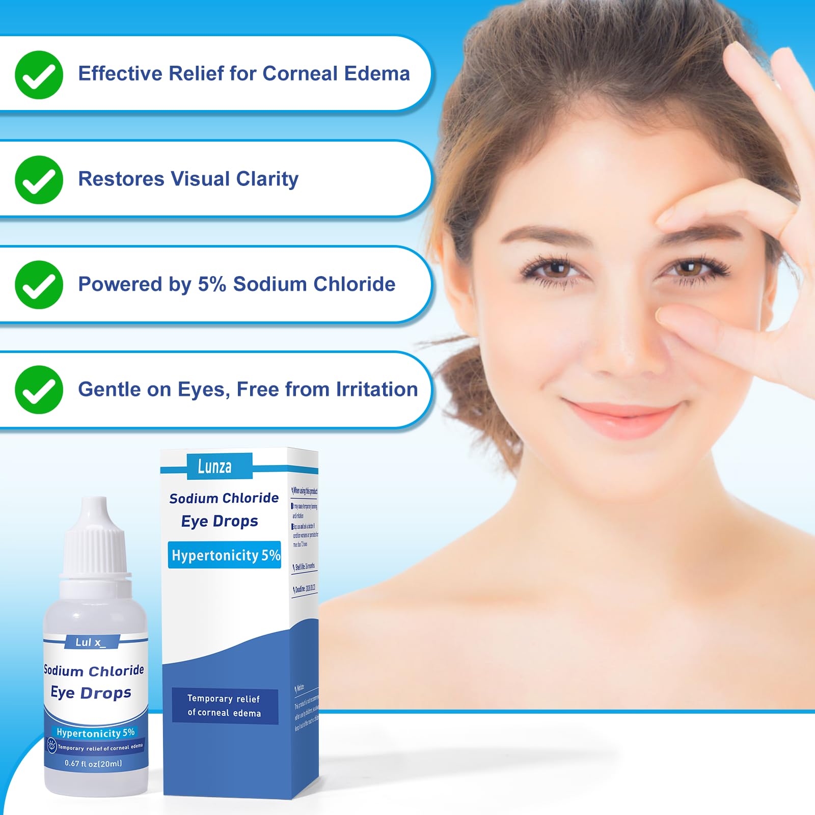 Lunza 5% Sodium Chloride Hypertonic Eye Drops - Relief for Corneal Edema & Blurry Vision, Sodium Chloride Eye Drops, Alcohol-Free, Non-Irritating, Gentle Formula – 0.67 Fl. Oz. (3-Pack) — Amazon image 2