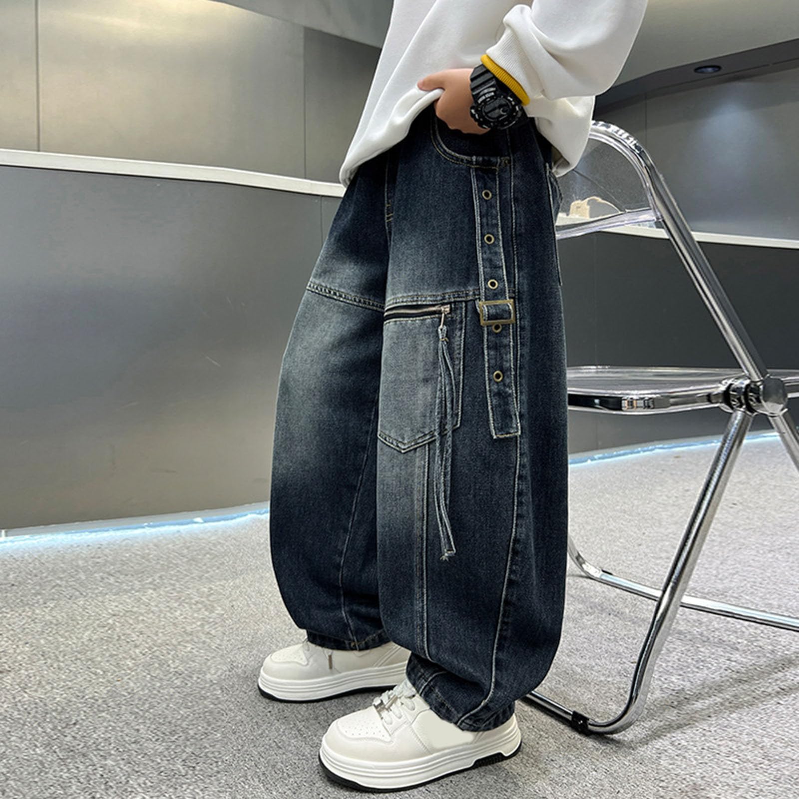 Generico Jeans Ragazzo-Pantaloni Casual in Denim per Ragazzi, Gamba Dritta, vestibilità Ampia, Pantaloni a Gamba Larga, Moda Autunnale, Comodo Misto