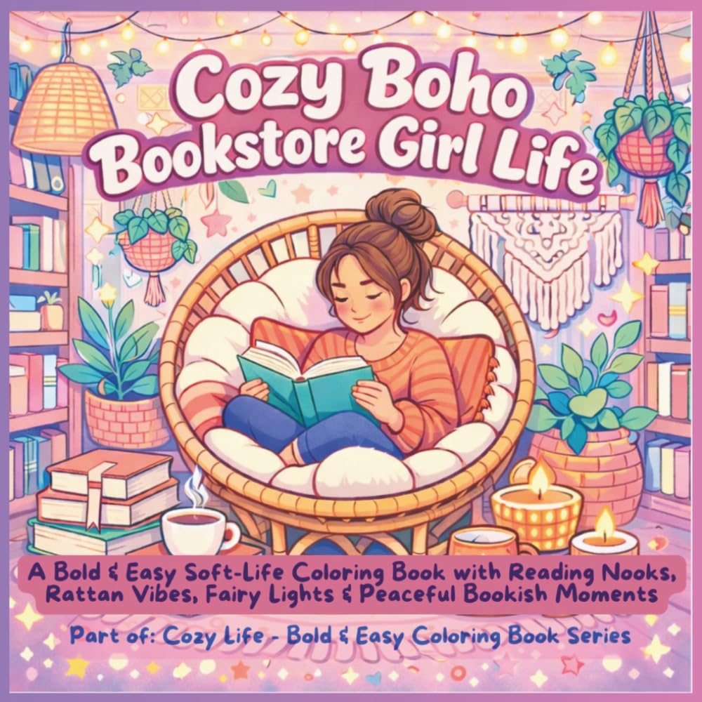Cozy Boho Bookstore Girl Life: A Bold & Easy Soft-Life Coloring Book with Reading Nooks, Rattan Vibes, Fairy Lights & Peaceful Bookish Moments (Cozy Life - Bold & Easy Coloring Book Series)
