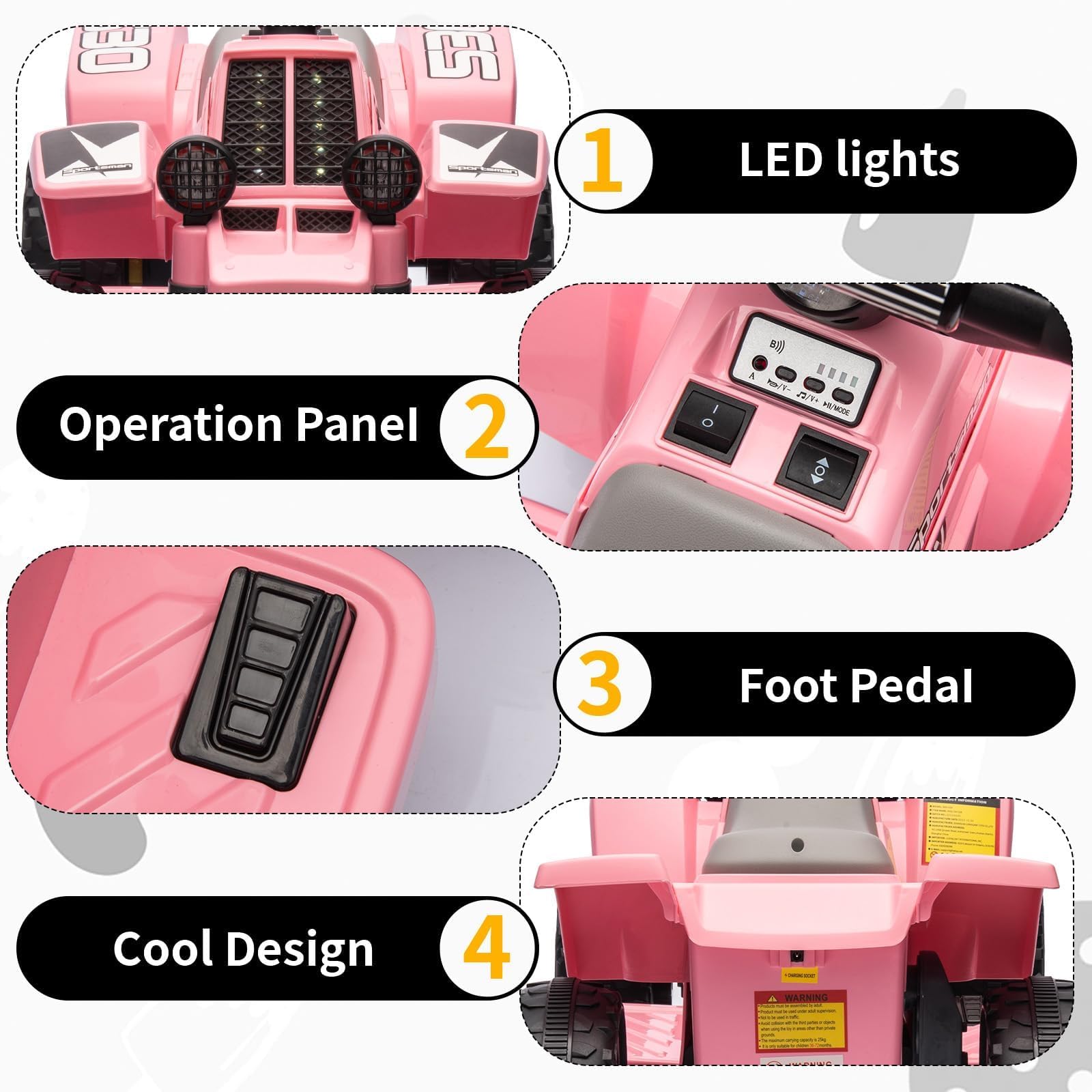 Garvee Mini Quad 6V con Musica, Clacson e LED | Quad Elettrico per Bambini | Telecomando Incluso, 4 Ruote Larghe Resistenti, Carico 25 kg, Giocattolo Elettrico Cavalcabile per Bambini 3+ Anni, Rosa