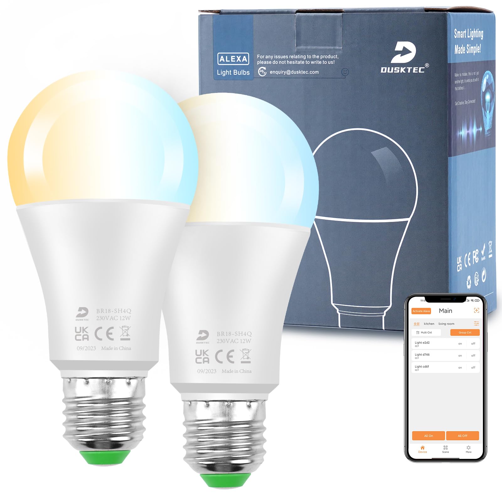 E27 LED Bulbs Connected Alexa, 12W Smart LED Bulb 120W Equivalent Bluetooth Smart Bulb E27 Screw Base, Warm White Light 2700K Cool White 6000K Dimmable Pack of 2