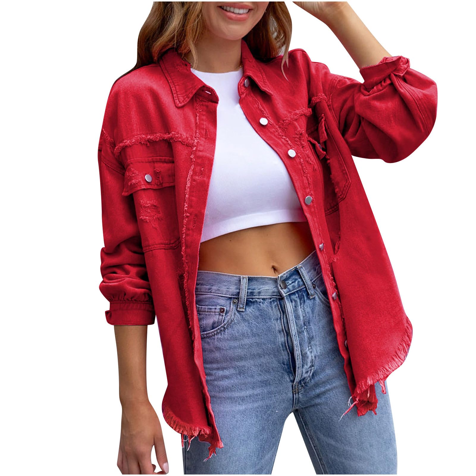 Womens Oversized Denim Jacket Casual Long Sleeve Lapel Button Down Tops Fall Casual Boyfriend Distressed Jean Jacket Coat