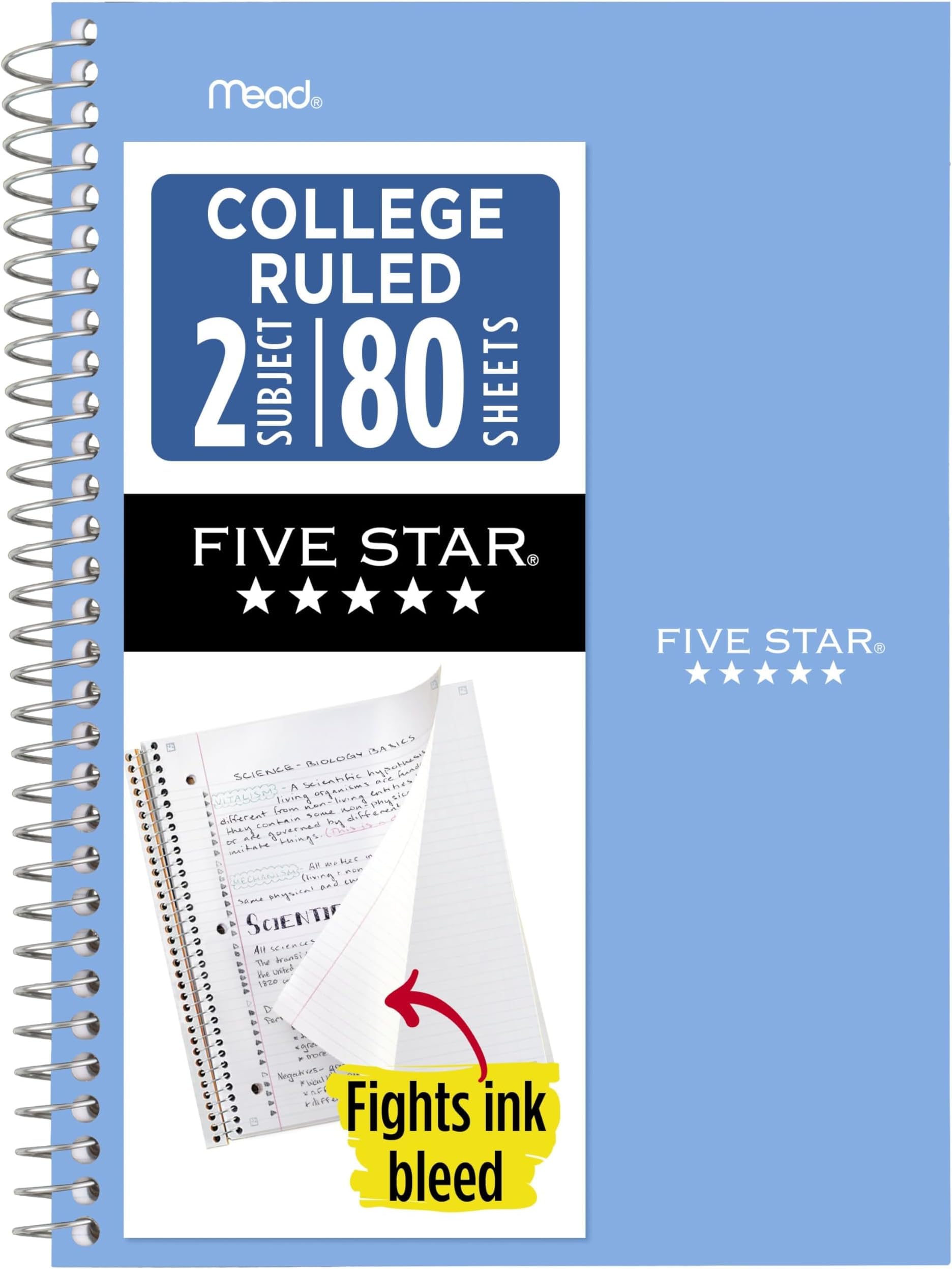 Five Star Spiral Notebook, 2 Subject, College Ruled, 9 1/2" x 6" 80 Sheets, Tidewater Blue (840029CG1-ECM) (Pack of 12)