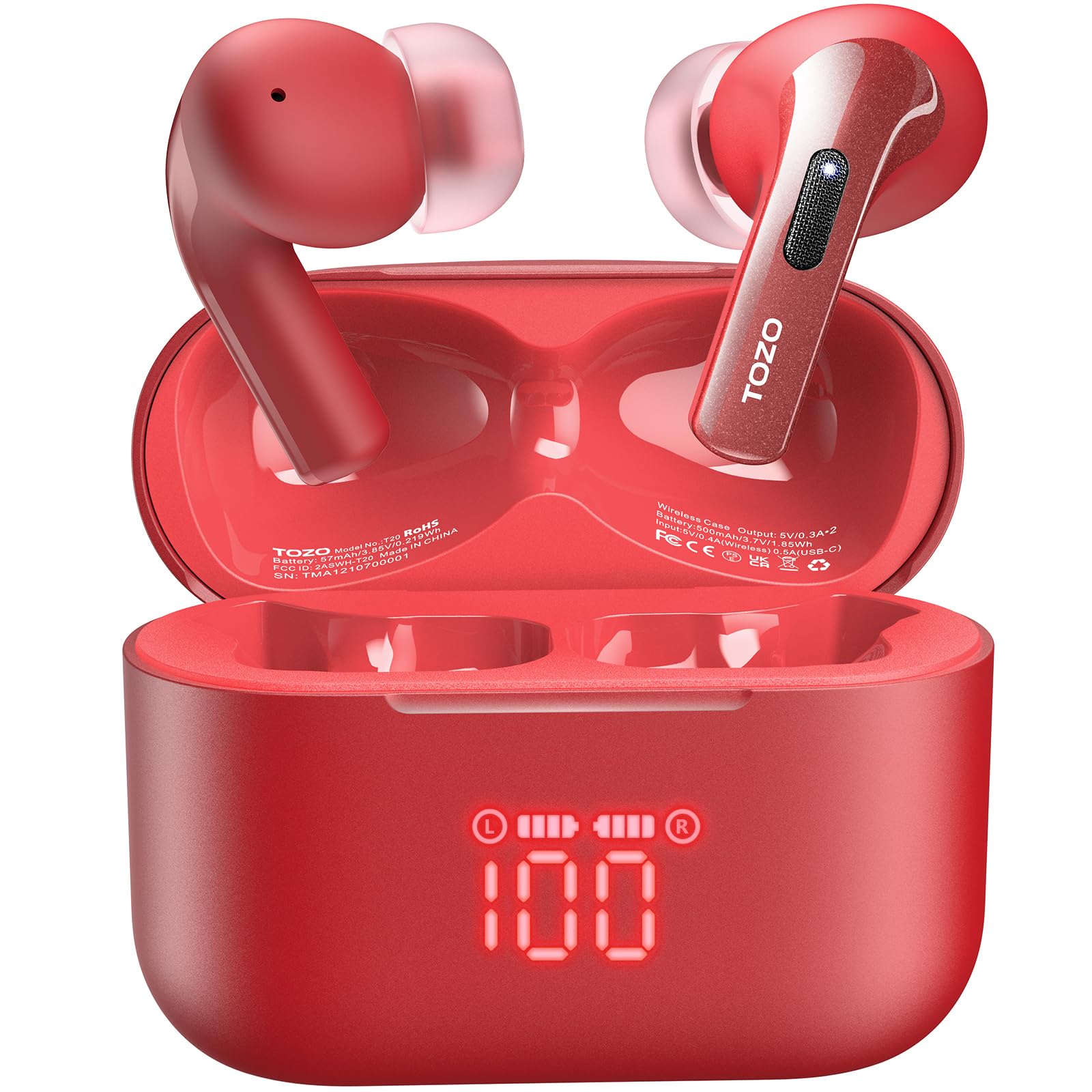 TOZO T20 Wireless Earbuds Bluetooth Headphones 48.5 Hrs Playtime with LED Digital Display, IPX8 Waterproof, Dual Mic Call Noise Cancelling 10mm Broad