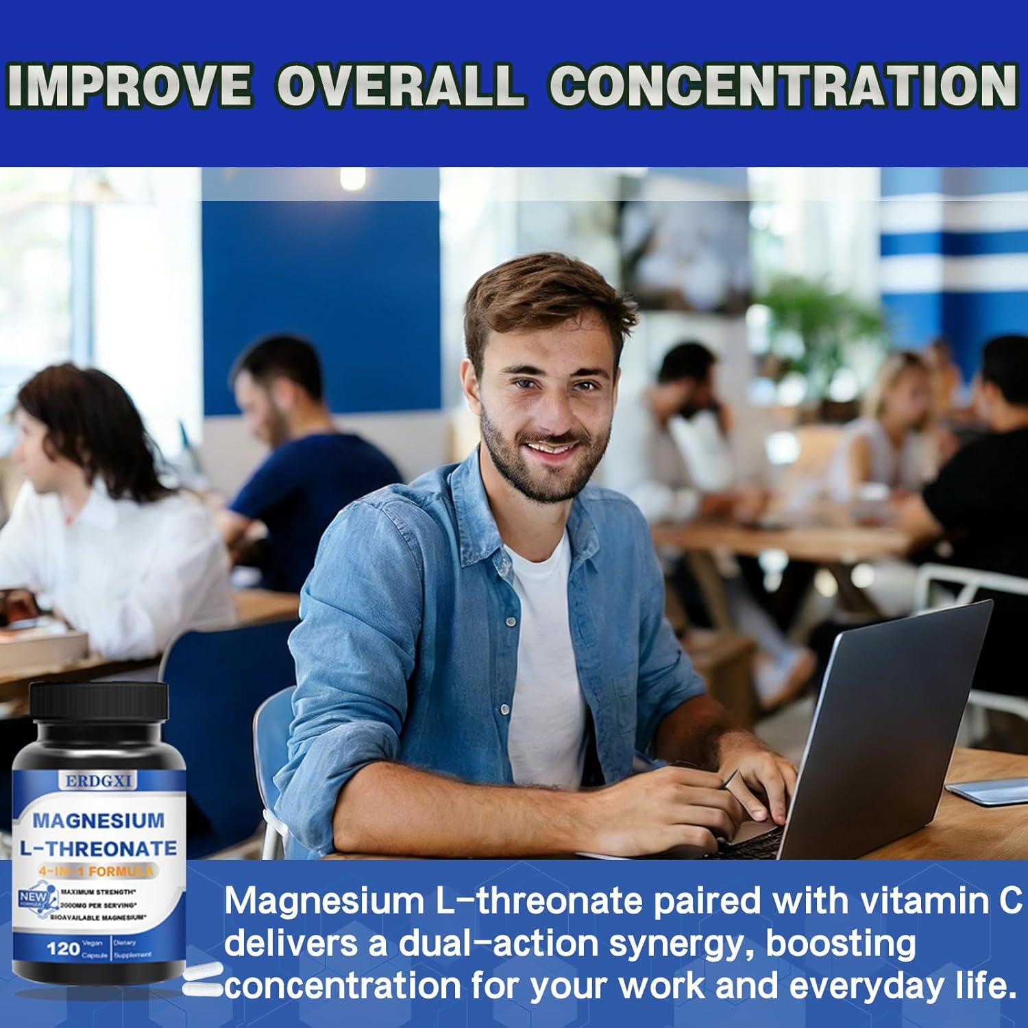 Magnesium L-threonate Supplement 2000mg,Magnesium Threonate with Vitamin C & Vitamin D3,High-Absorption,Max Potency,Support Clarity,Zzz &Immune,Non-GMO & Gluten Free,120 Capsules (Pack of 1)