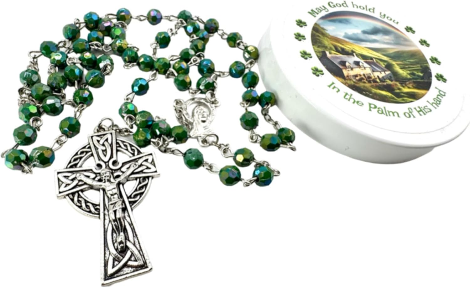 Irish Rosary Set Green Acrylic Bead with Metal Celtic Crucifix with Ireland Scene Case for First Communion or Saint Patricks Day - Image 3