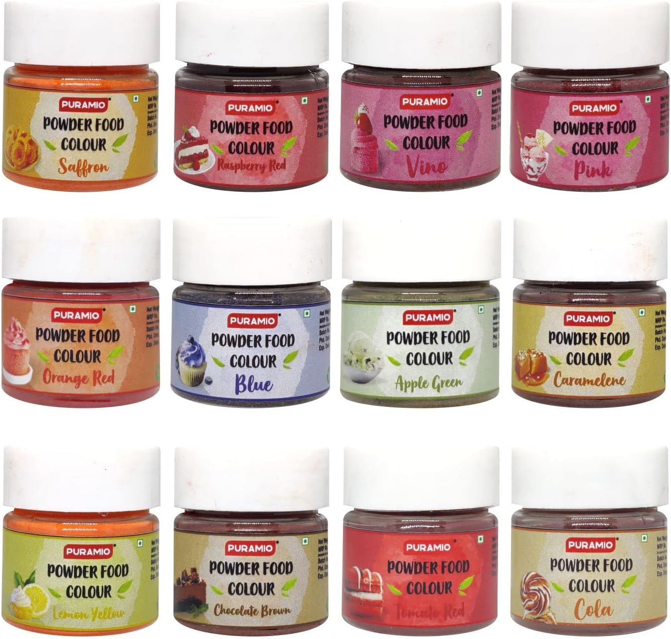 Powder Food Colour Combo of 12 [20g Each] - Apple Green, Blue, Caramelene, Chocolate Brown, Saffron, Cola, Lemon Yellow, Orange Red, Pink, Raspberry Red, Tomato Red, Vino