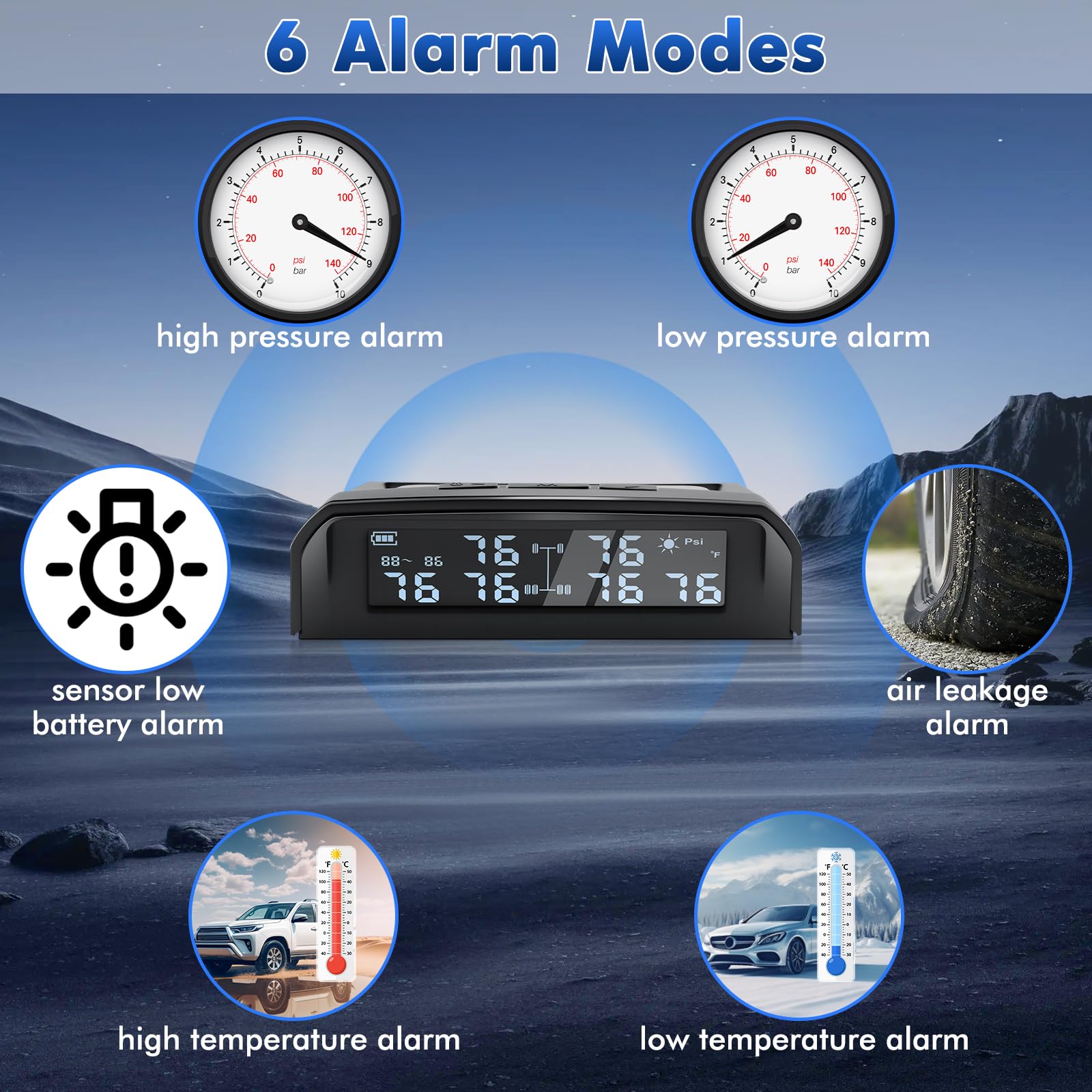 TPMS - Sistema de monitorización de la presión de los neumáticos con carga solar y USB con 6 sensores de presión de neumáticos, 5 modos de alarma, apto para coche, camión, caravana de 0 a 9,9