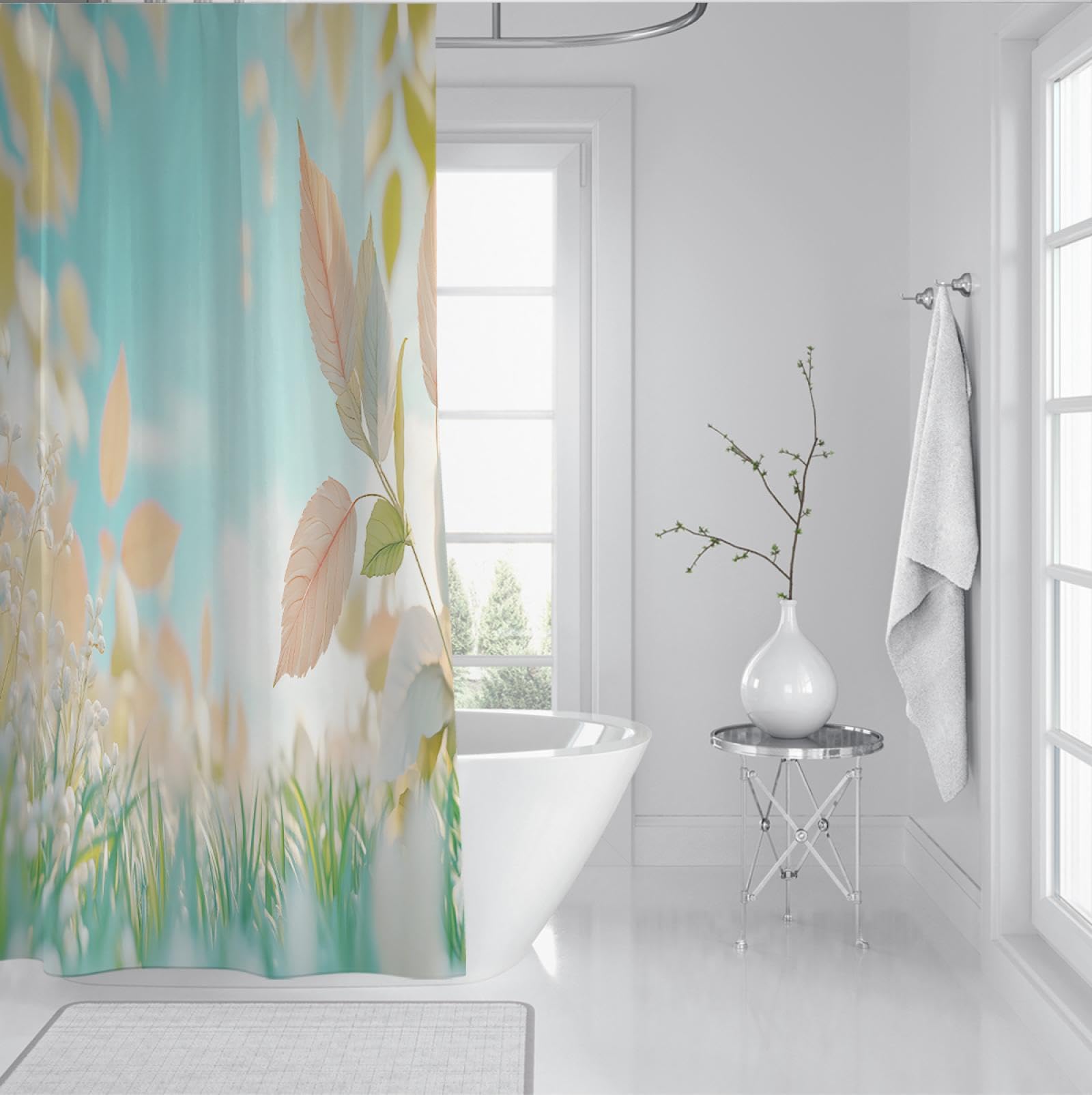 Juego de Cortinas de Ducha de Escena de Prado de ensueño Hojas de Plantas Naturales y Frescas decoración de baño Cortinas de Ducha de Tela Lavables Impermeables 200x200cm