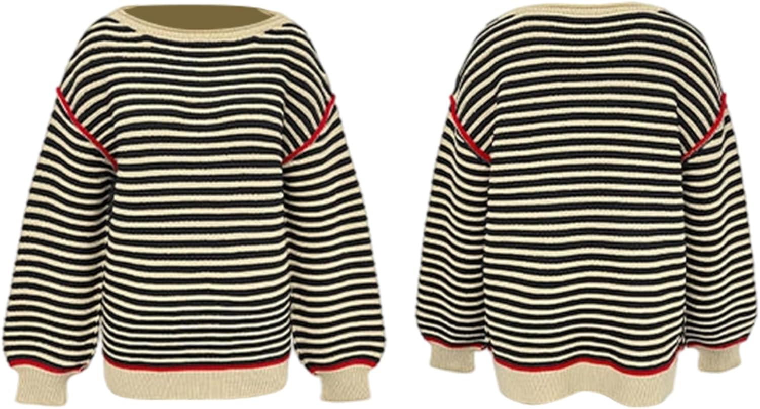 Women's Fall Casual Long Sleeve Sweaters Oversized Crewneck Striped Color Block Y2K Pullover Tops - Image 7
