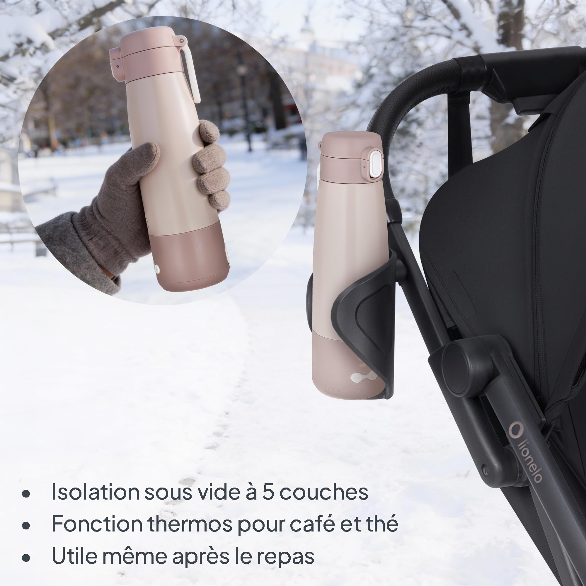 Lionelo Thermup Bottle Chauffe-Biberon Sans Fil 350 ml, Thermos Portable | 150 ml chauffés de 20 à 37°C en 3,5 min, 5 températures 37–55 °C, maintien au chaud jusqu’à 20 h, fermeture étanche, léger
