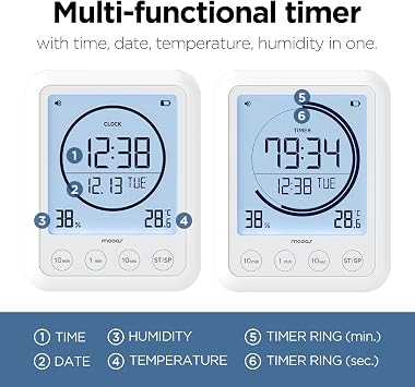 mooas Visual Timer Clock + Multi Cube Timer (White) - Waterproof Digital Shower Clock, Large Backlit Display, Countdown Timer, Rotating Timer for Cooking Kitchen & Bathroom, Work Desk Timer